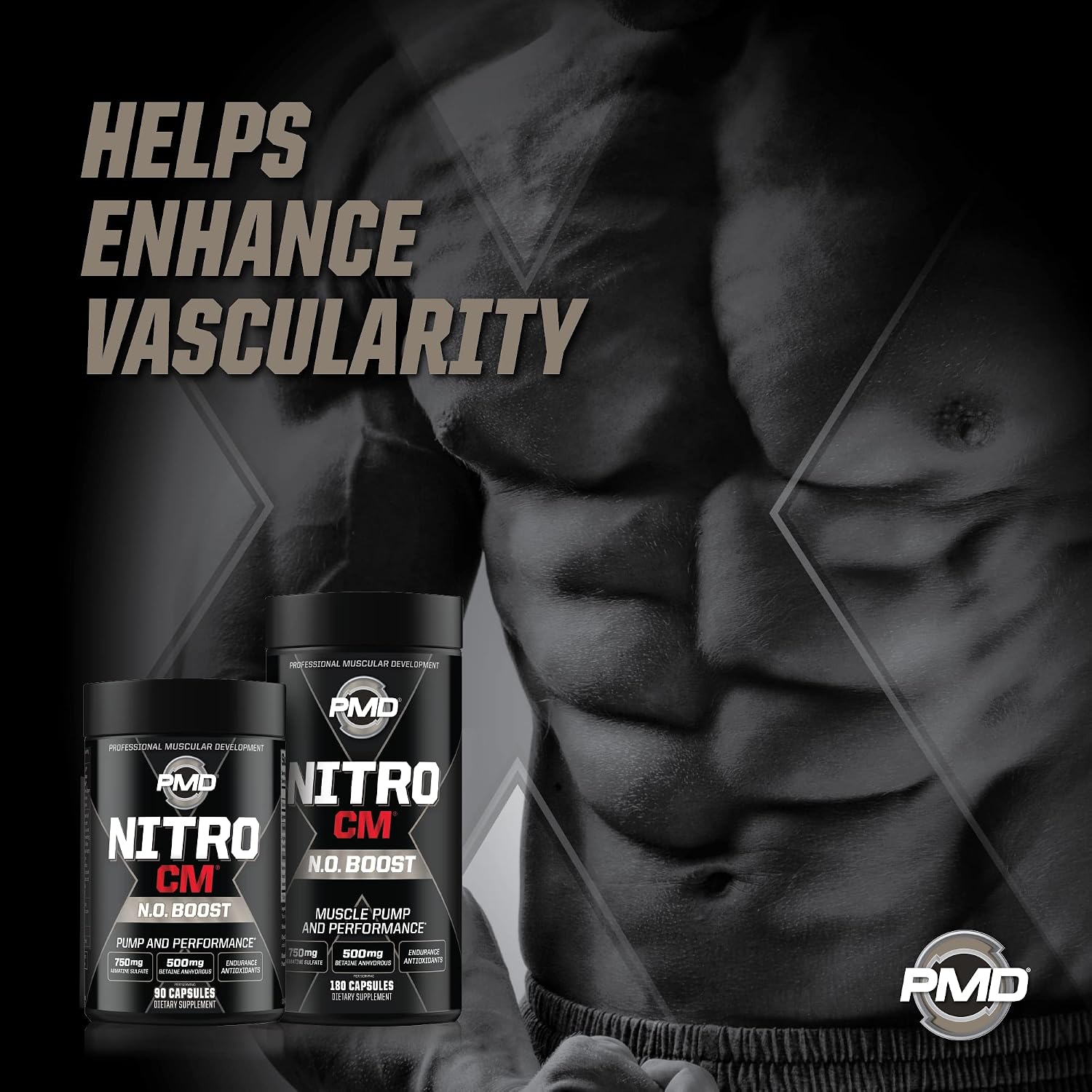 PMD Sports Nitro CM Nitric Oxide with Agmatine Supplement - 90 Capsules | Muscle Growth Support, Muscle Pump, L-Arginine, Endurance Antioxidants Boost