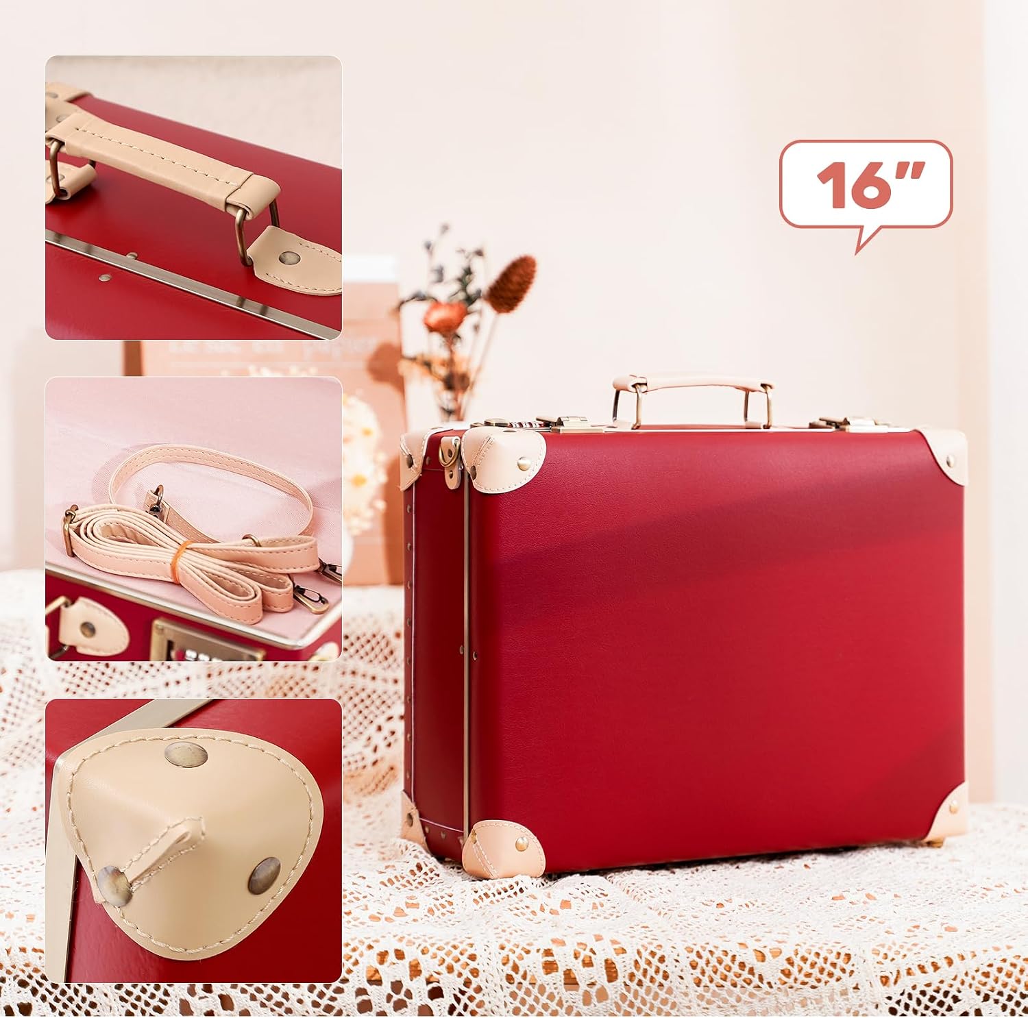 urecity Vintage and Cute Carry-on Overnight Case Non-wheeled Mini Leather Trunk Suitcase with Shoulder Strap