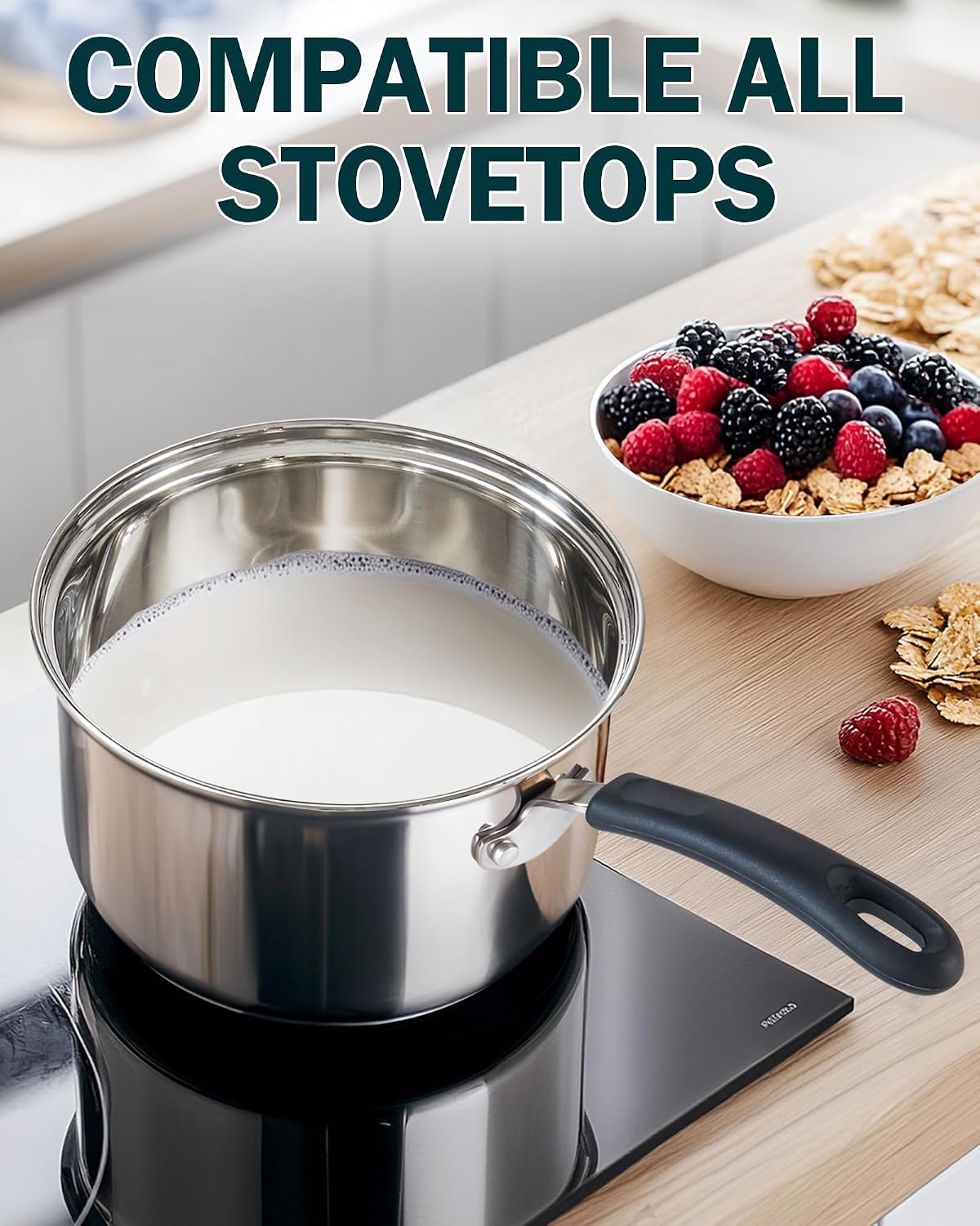 Cook N Home Professional 2 Quart Stainless Steel Saucepan with Lid, Small Kitchen Induction Cooking Sauce Pot Pan, Stay-Cool Silicone Handle, Dishwasher Safe