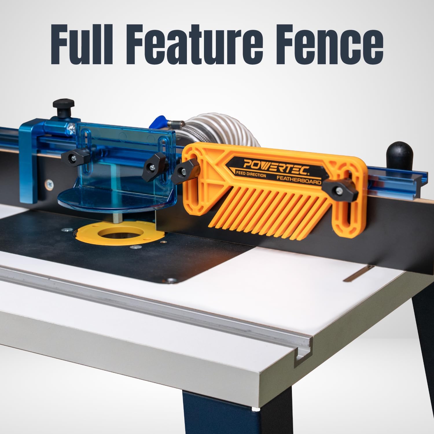 POWERTEC Benchtop Router Table with Steel Stand and Adjustable Fence – 24" x 16" MDF Laminated Top, Insert Plate, 2-1/2" Dust Port, Fence Stop