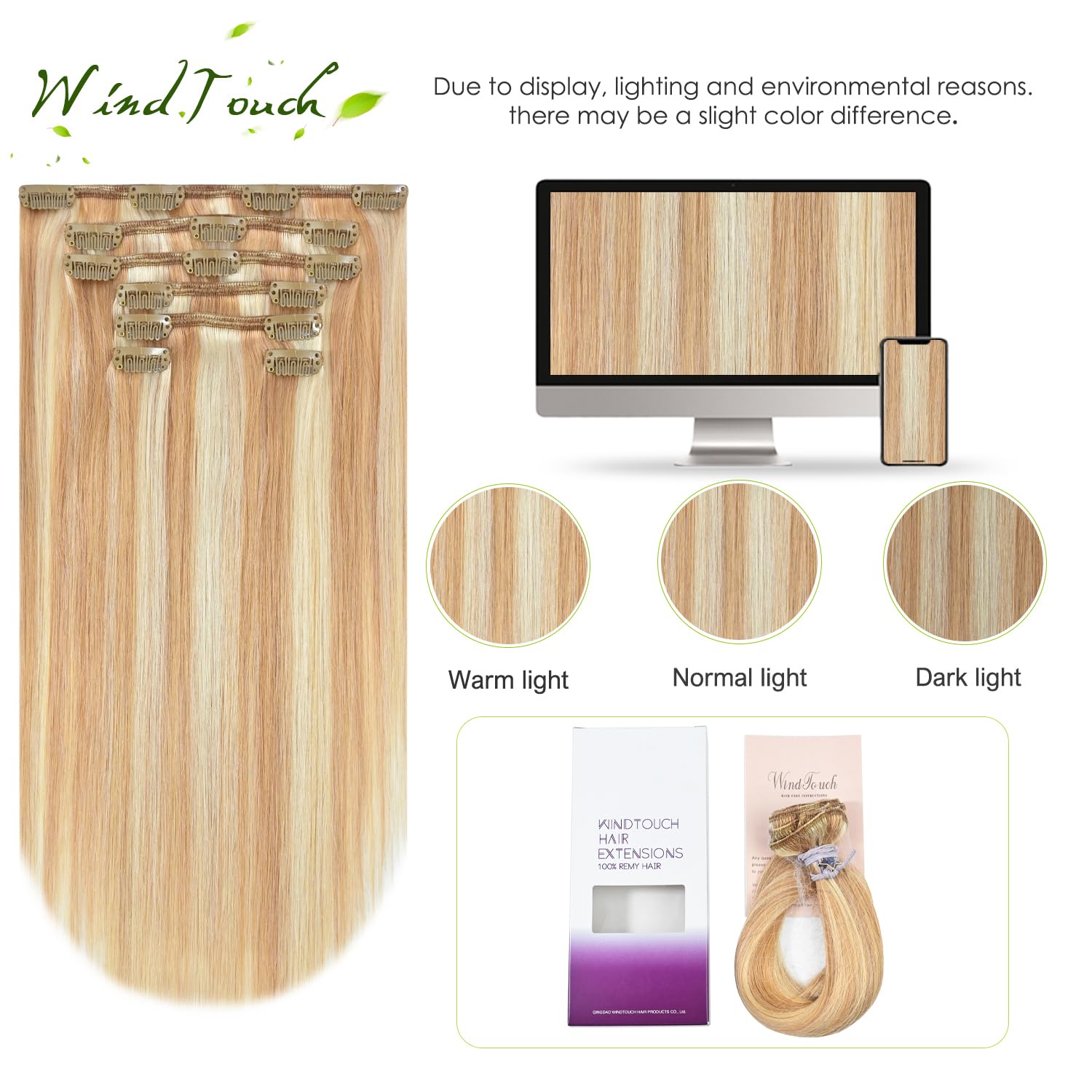 WindTouch Clip In Hair Extensions Human Hair Mixed Bleach Blonde 18Inch 75g Hair Extensions for Women Remy Blonde Extensions Clip in #18p613 7PCS