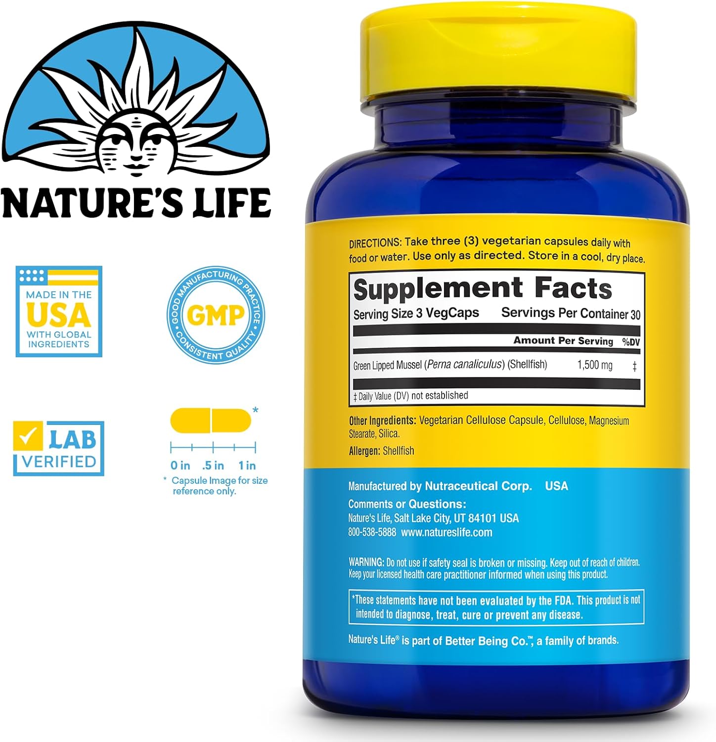 Nature's Life Green Lipped Mussel 1500 mg Capsules for Men, 90 Capsules