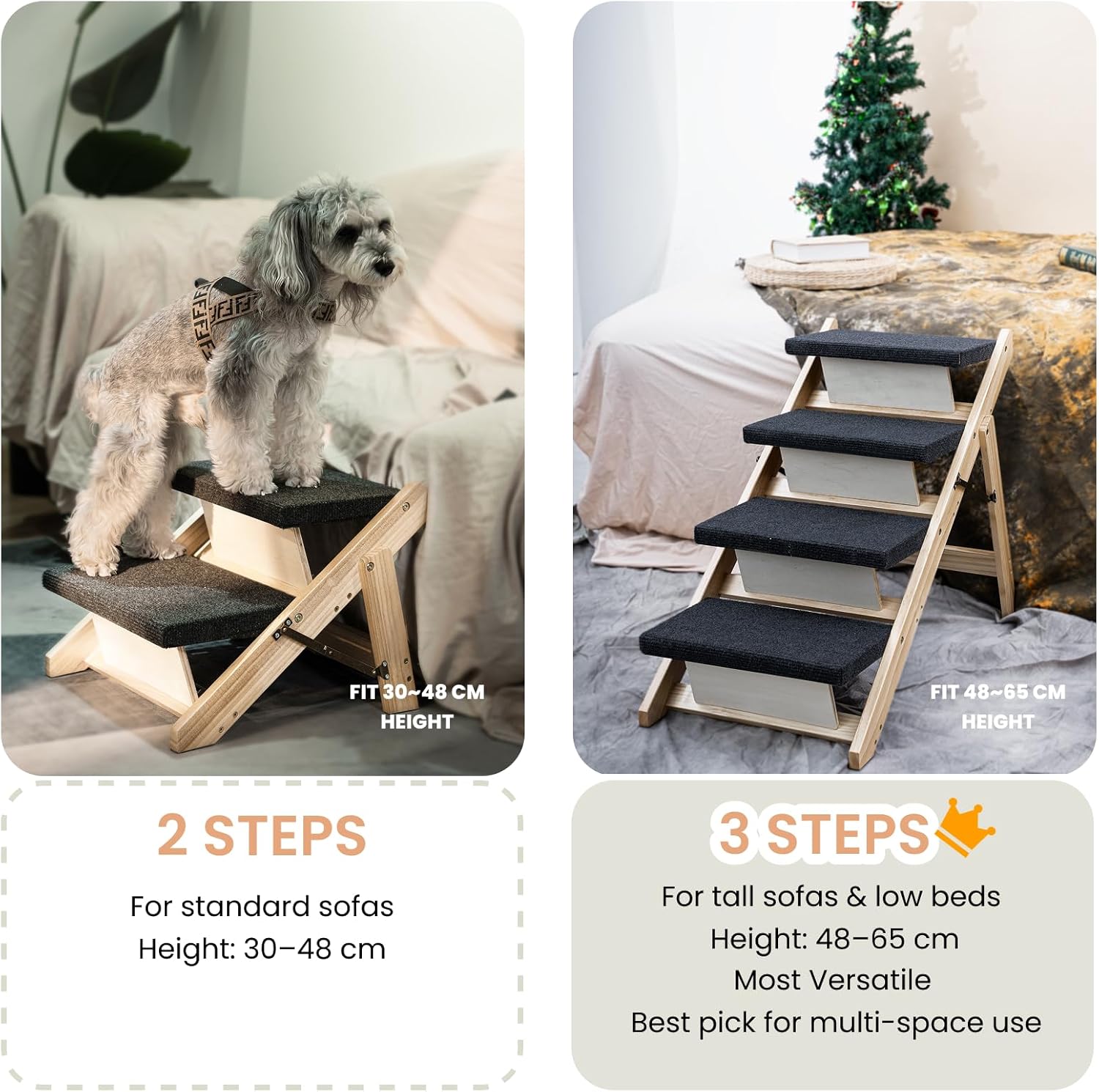 MEWANG Wood Pet Stairs & Ramp for Small/Medium Dogs & Cats, Aging Pets – 2-in-1 Foldable, Portable, Non-Slip Pet Ladder for Tall Beds, Couches
