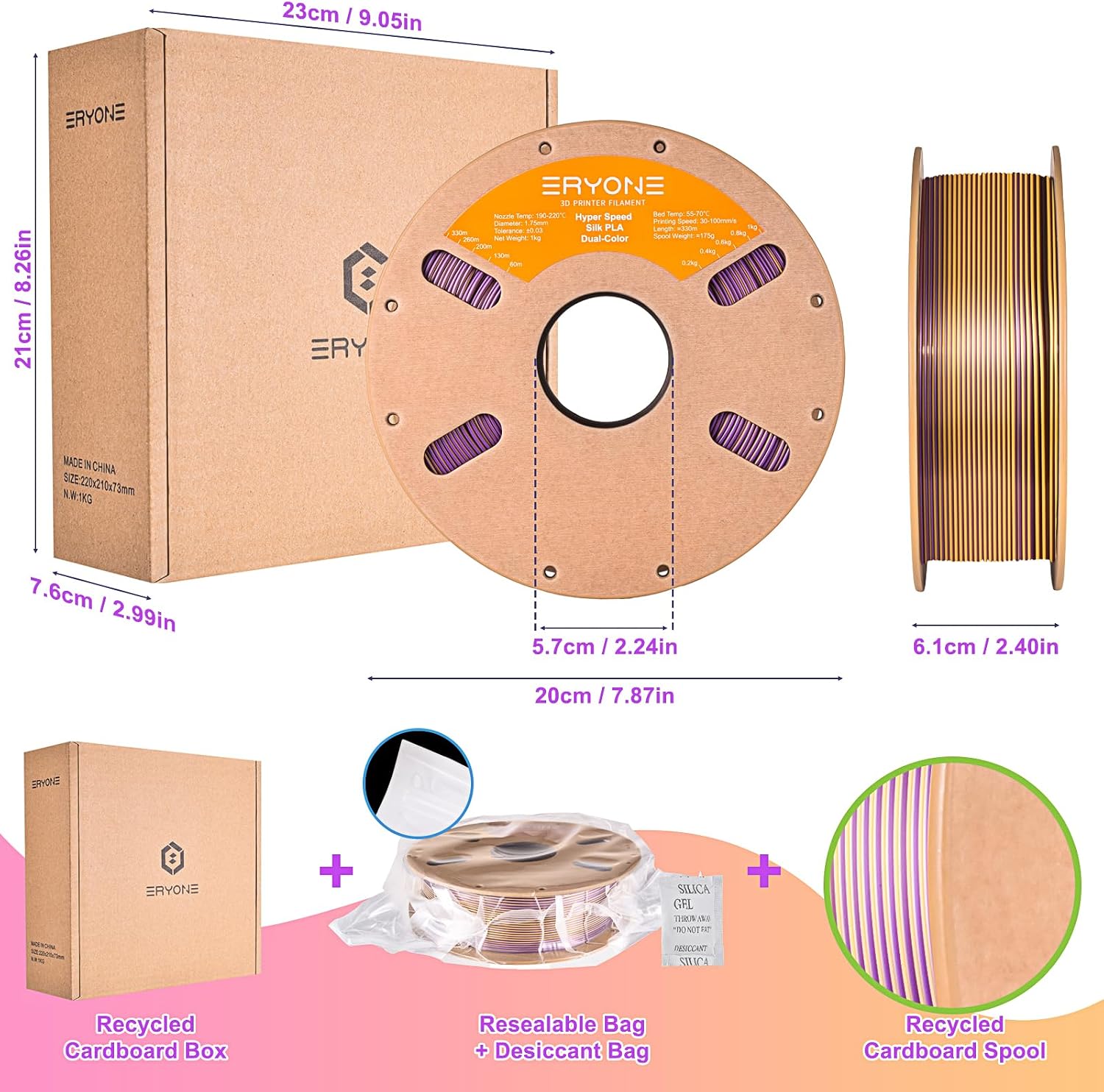 ERYONE Silk Filament PLA+ 1.75mm Upgraded Shiny 3D Printer Filament, Gloss Finish, Fit Most FDM Printer Stable Printing,1kg (2.2LBS)/Spool, Silver