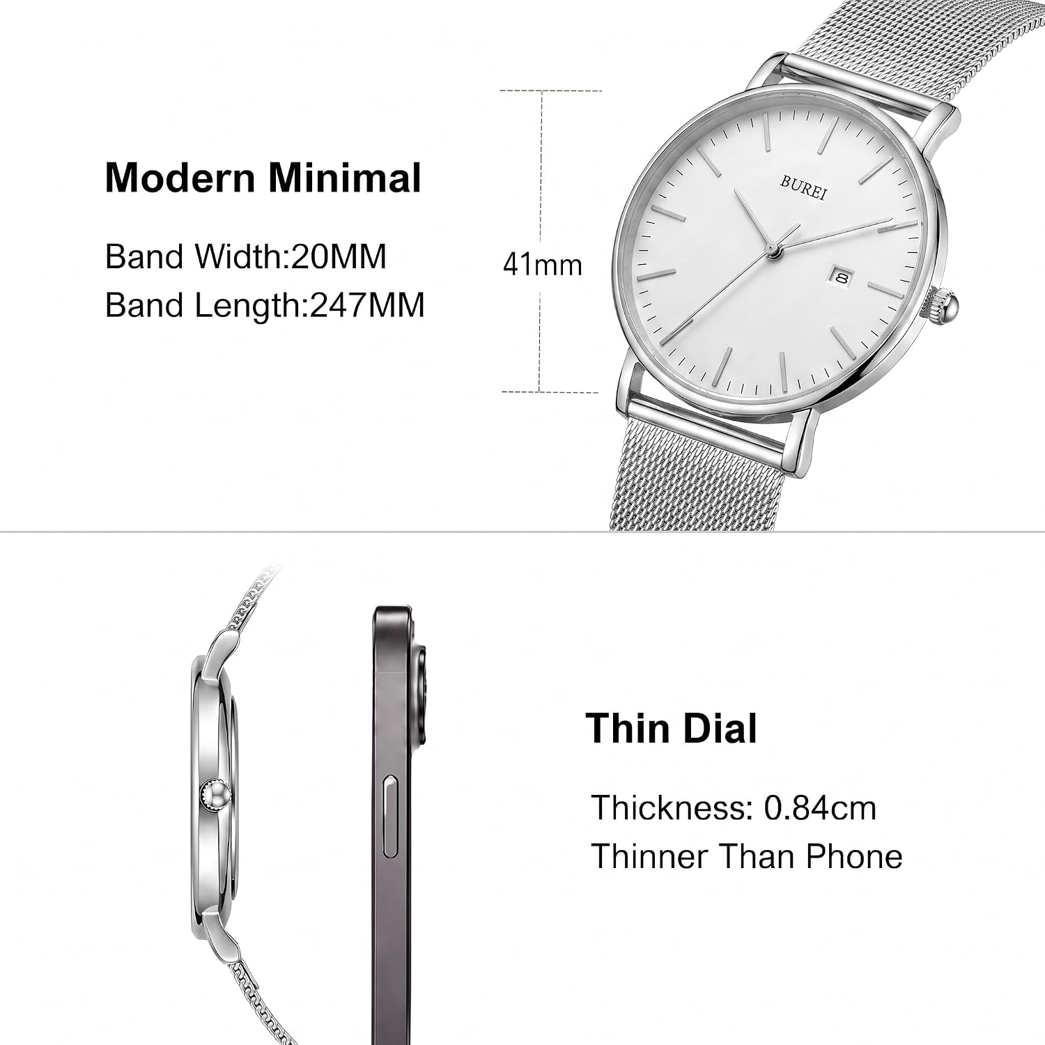 BUREI Men Wrist Watches Fashion Minimalist Thin Analog Quartz Waterproof Watches for Men, Refined Gifts for Men, Boyfriend, Husband, Dad