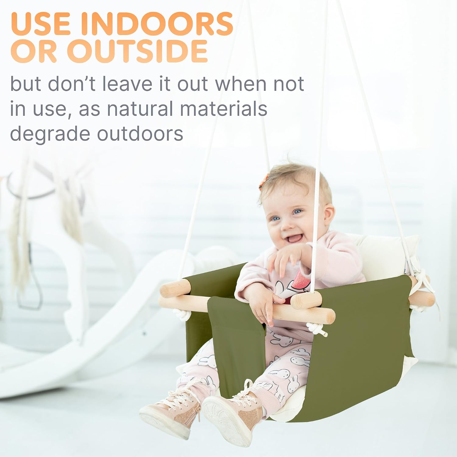 CaTeam Canvas Baby Swing Seat with 5-Point Safety Belt — Wooden Hanging Toddler Swing, Indoor & Outdoor, Ages 1-4, Ceiling Mount Hardware Included