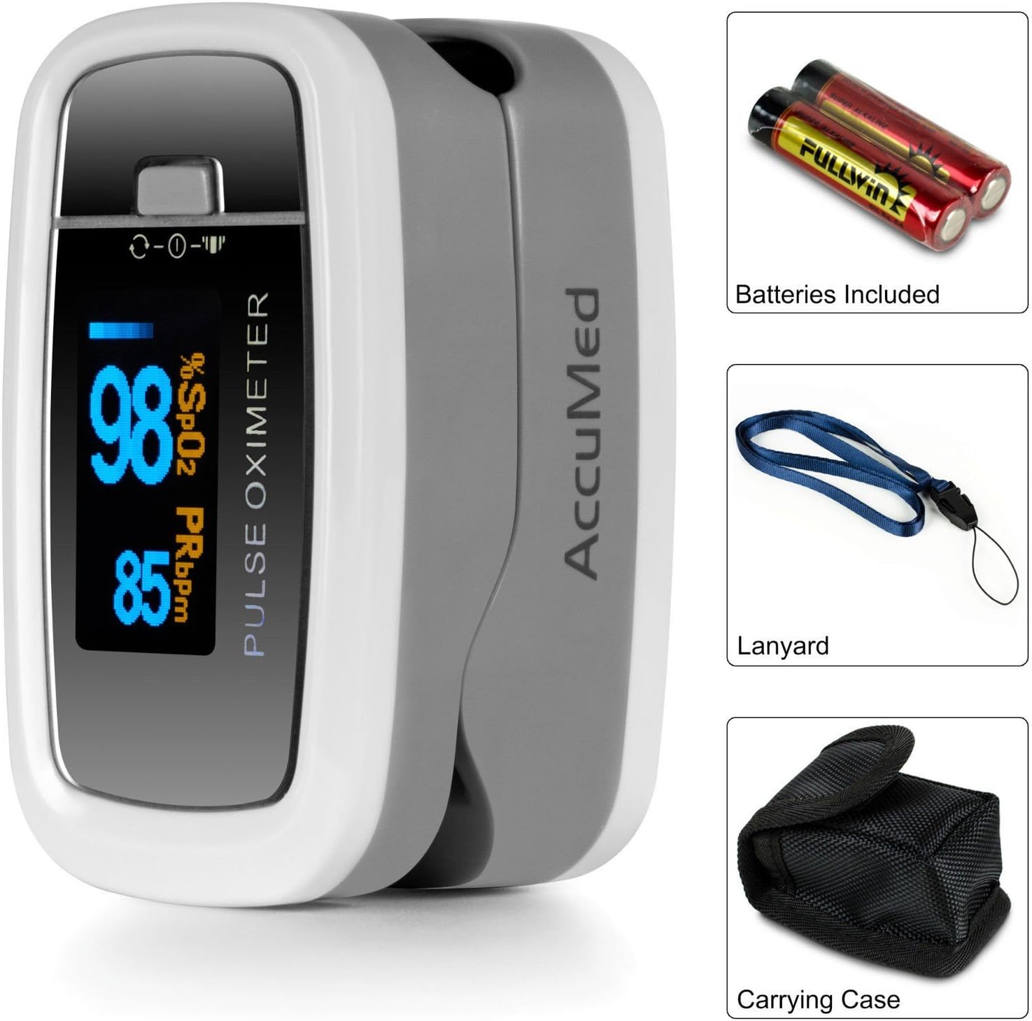 AccuMed CMS-50D1 Fingertip Pulse Oximeter Blood Oxygen Sensor SpO2 for Sports and Aviation. Portable and Lightweight with LED Display, 2 AAA Batteries