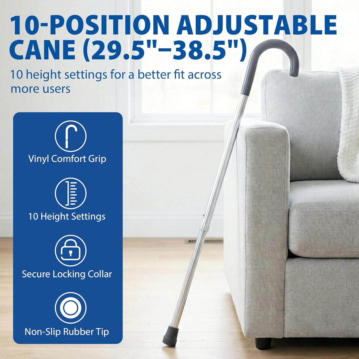 Blue Jay Adjustable Walking Cane for Men & Women - Lightweight Aluminum Walking Stick for Seniors & Elderly - Sturdy Non-Folding Cane with Ergonomic