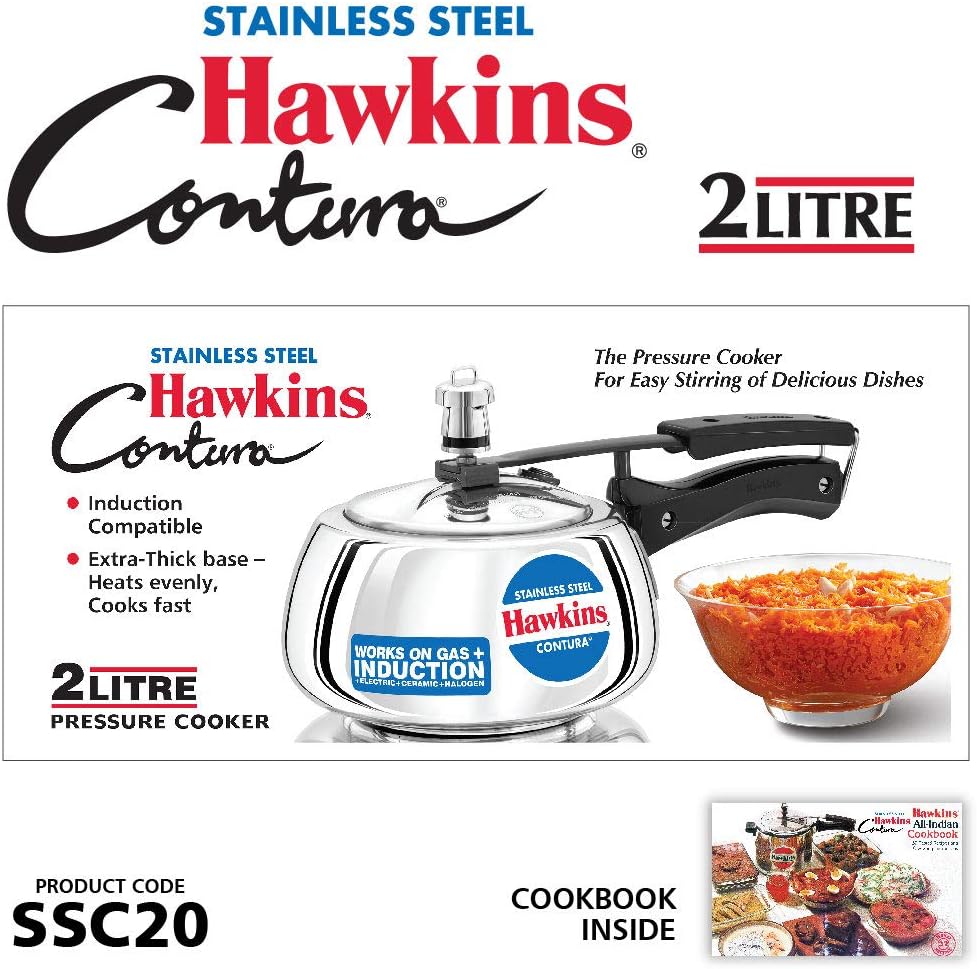 Hawkins Contura Pressure Cooker, Stainless Steel Inner Lid Cooker, Handi Cooker, Induction Cooker, Small Cooker, Silver SSC20 2 Litre