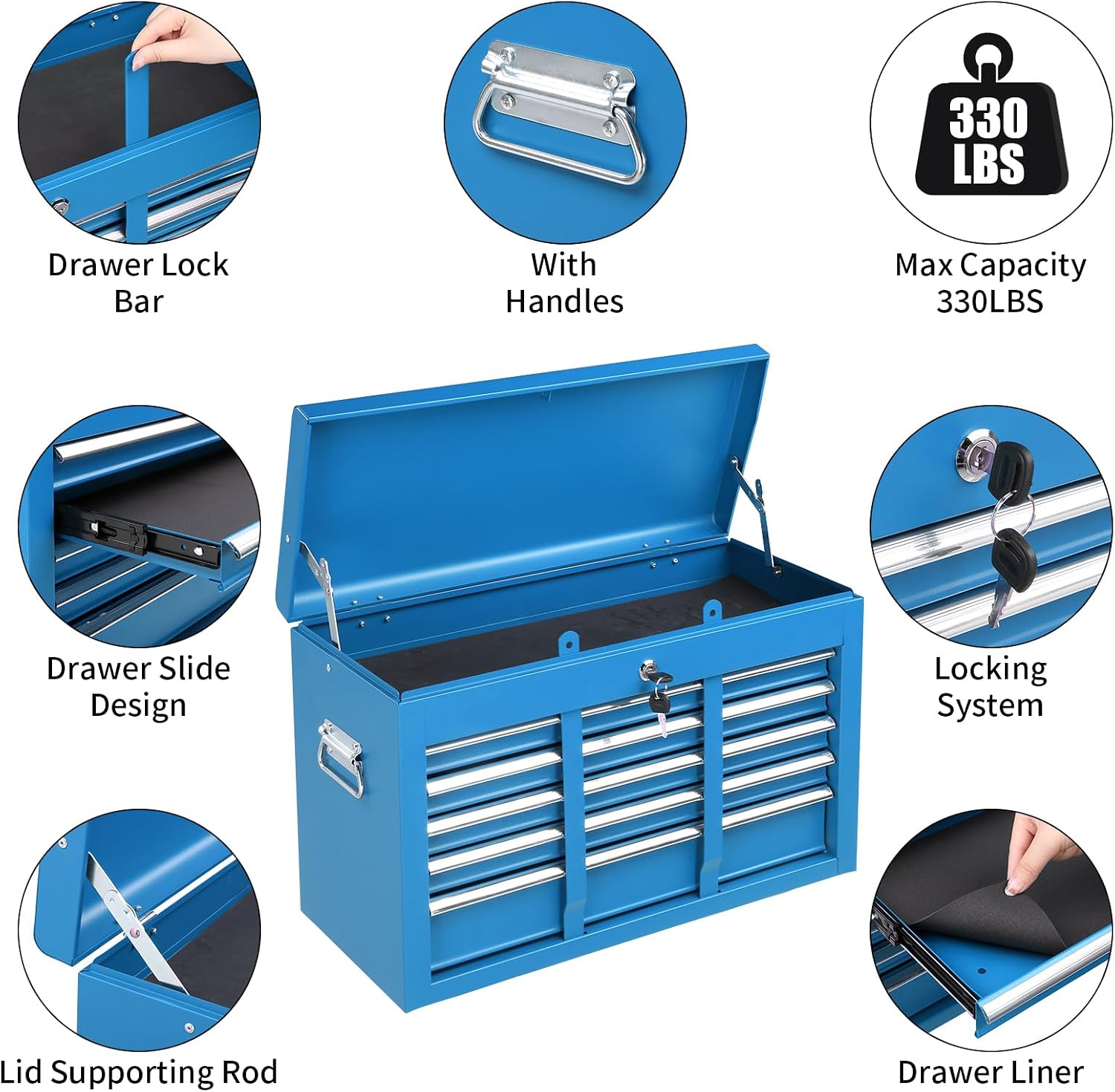 24" Metal Portable Tool Box with 5 Drawers, Lockable, Red | ToolBox with Top Storage Tray, Carry Handle, Ball Bearing Runners, Tool Chest Cabinet for Garage, Warehouse, Repair Shop