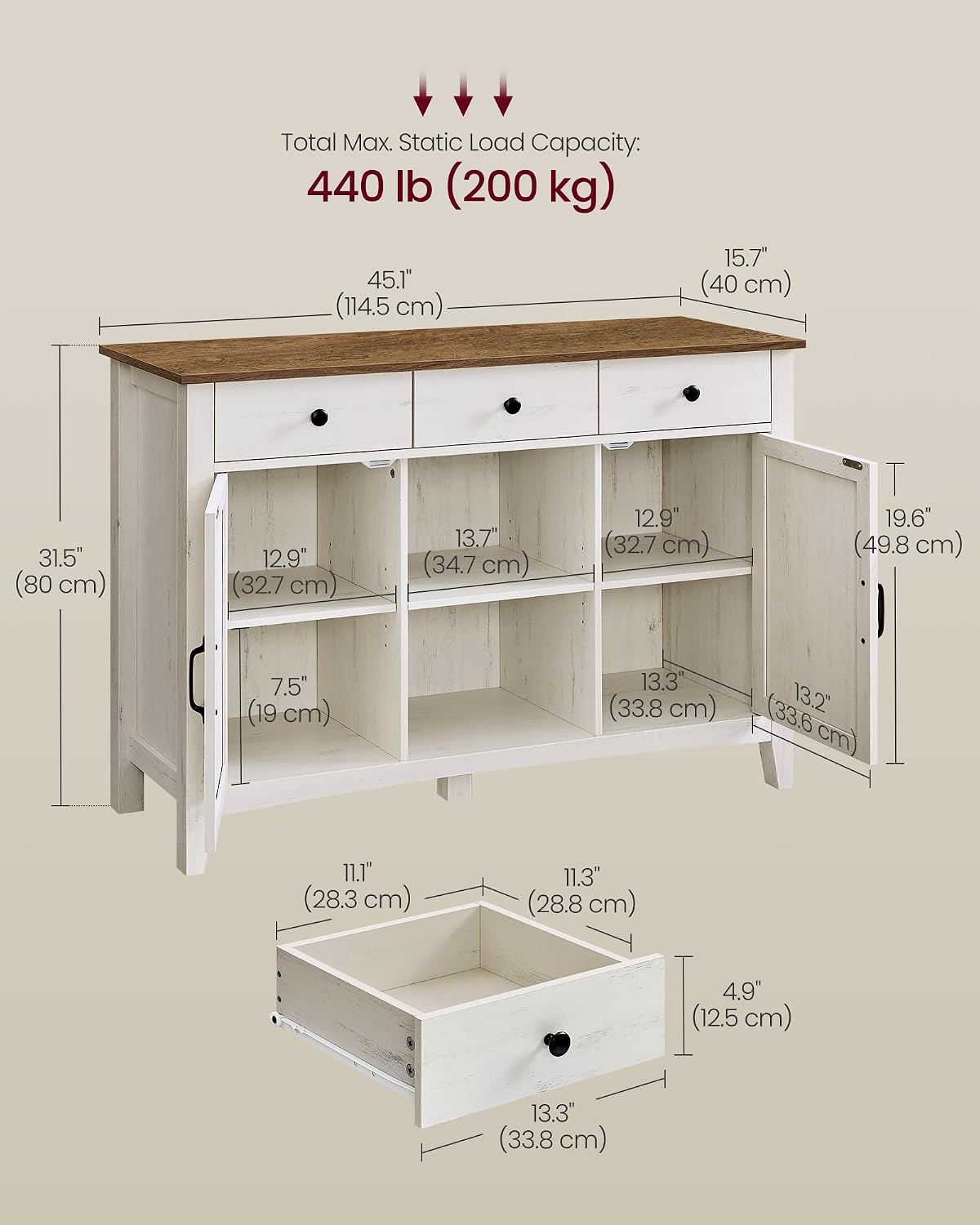 VASAGLE LIRY Collection - Storage Cabinet, Buffet Cabinet, Sideboard, Credenza, with Adjustable Shelves, for Entryway, Rustic White and Honey Brown ULSC381W01