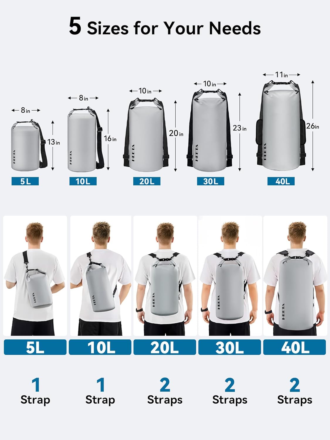 HEETA Waterproof Dry Bag Backpack with Emergency Whistle 5L/10L/20L/30L/40L