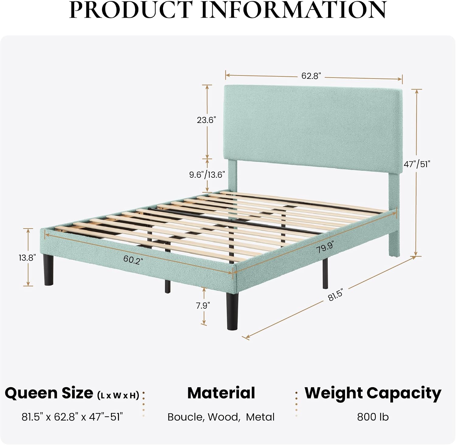 SHA CERLIN Boucle Upholstered Queen Size Bed Frame, White | Platform Bed with Adjustable Headboard, Wooden Slats Support, No Box Spring Needed, Noise-Free, Easy Assembly