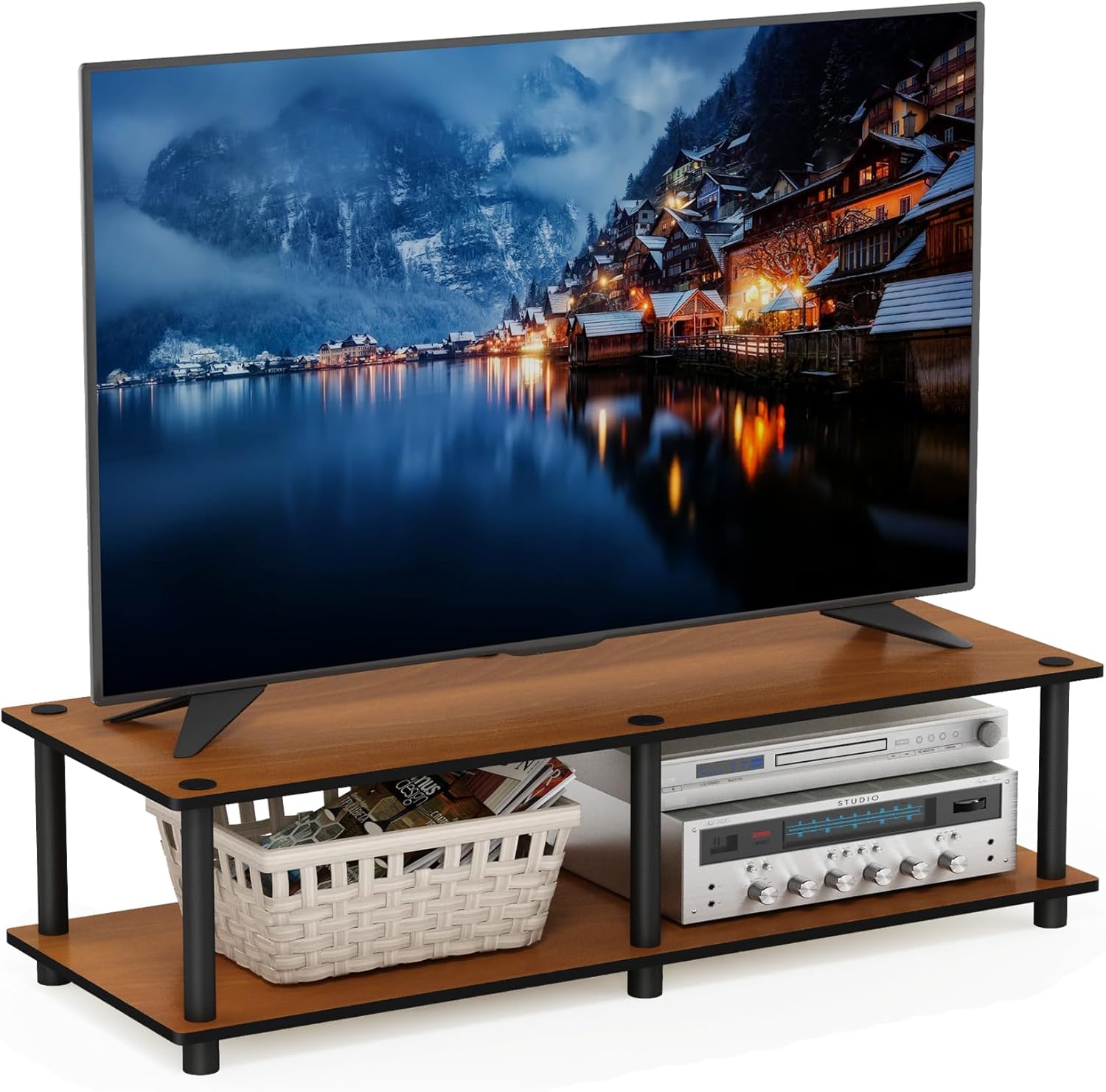 Furinno Turn-N-Tube TV Riser Stand, 2-Tier Small Elevated No Tools TV Stand, TV Console for TV up to 32 inch, 15.8 x 23.8 x 11, for Living Room, Bedroom, French Oak/Black