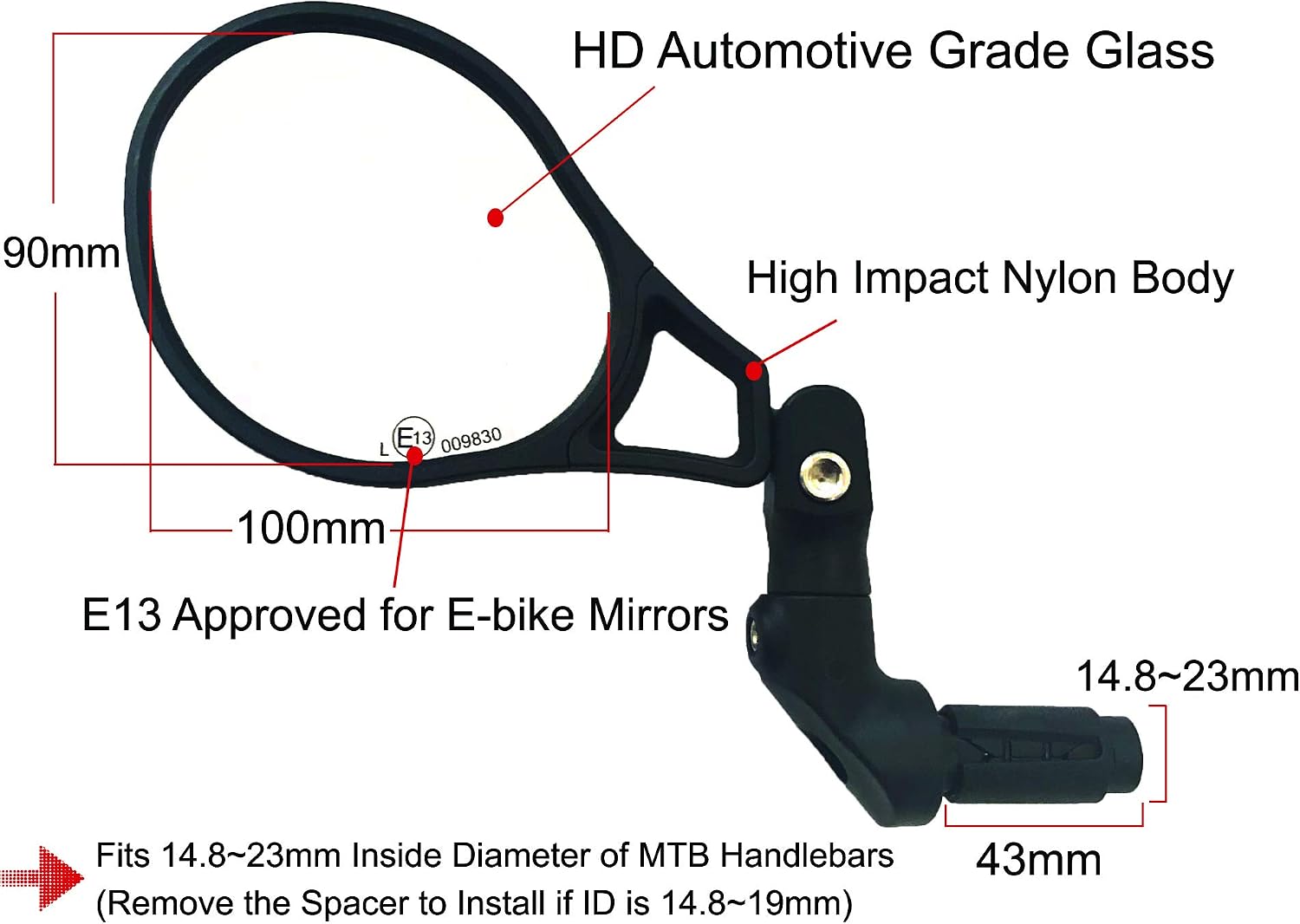 Hafny E13 Approved E-Bike Mirror, Large Surface Bar End Bike Mirror, HD Automotive Glass Bicycle Mirror, Safe Blast-Resistance Cycling Mirror