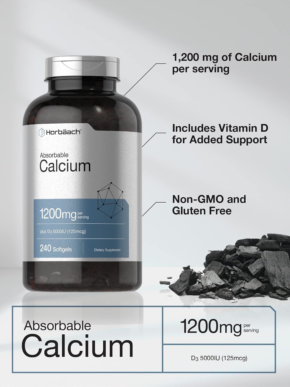 Horbäach Calcium 1200 mg with Vitamin D3 | 240 Softgels | 5000IU Vitamin D3