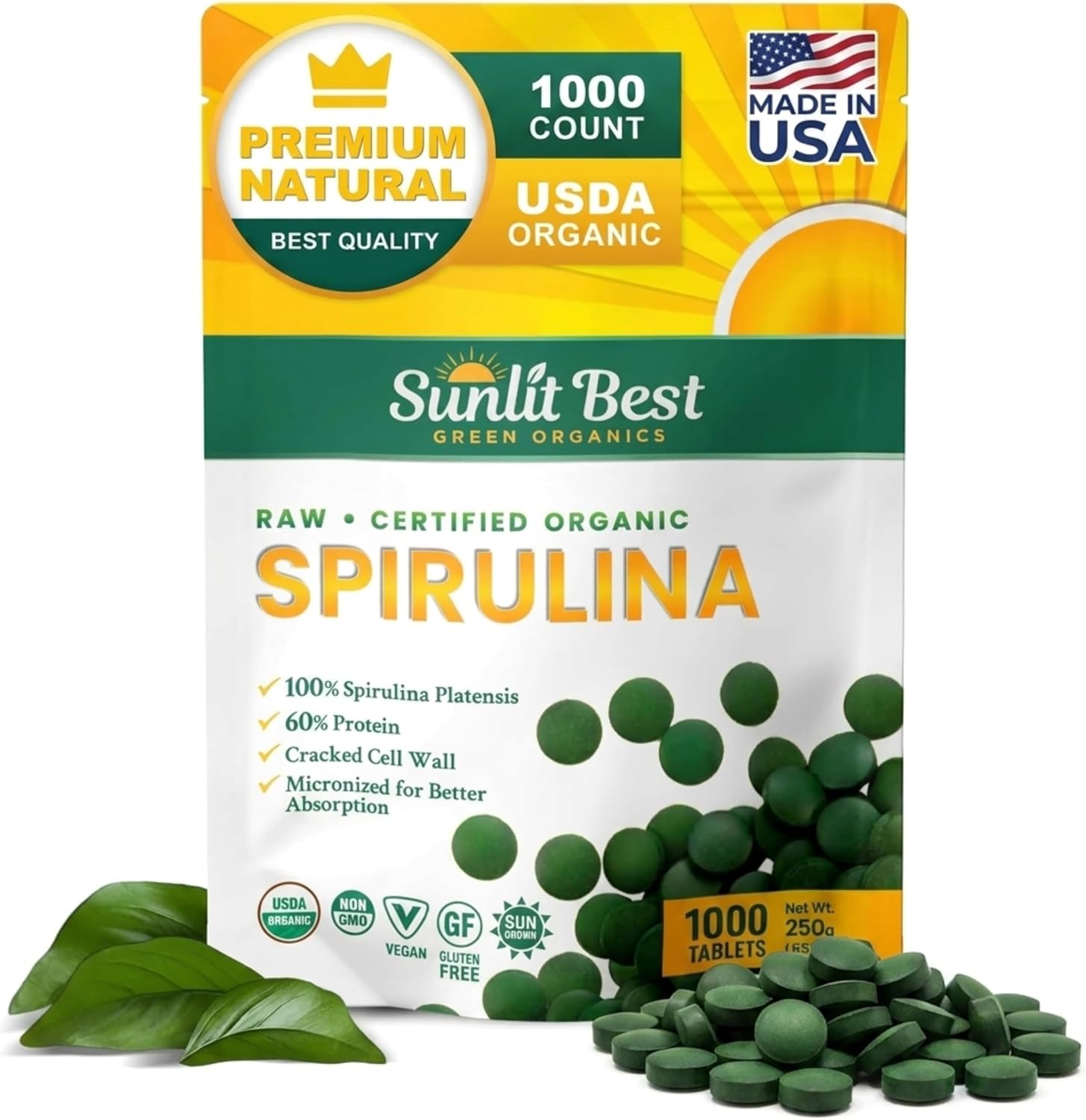 Sunlit Best Organic Spirulina Tablets, Pure Natural Superfood Pills 1000 CT | USDA Certified, 60% Vegan Protein, 18 Amino Acids, Chlorophyll Antioxidants Enzymes, Non GMO, Immune Liver & Energy Support