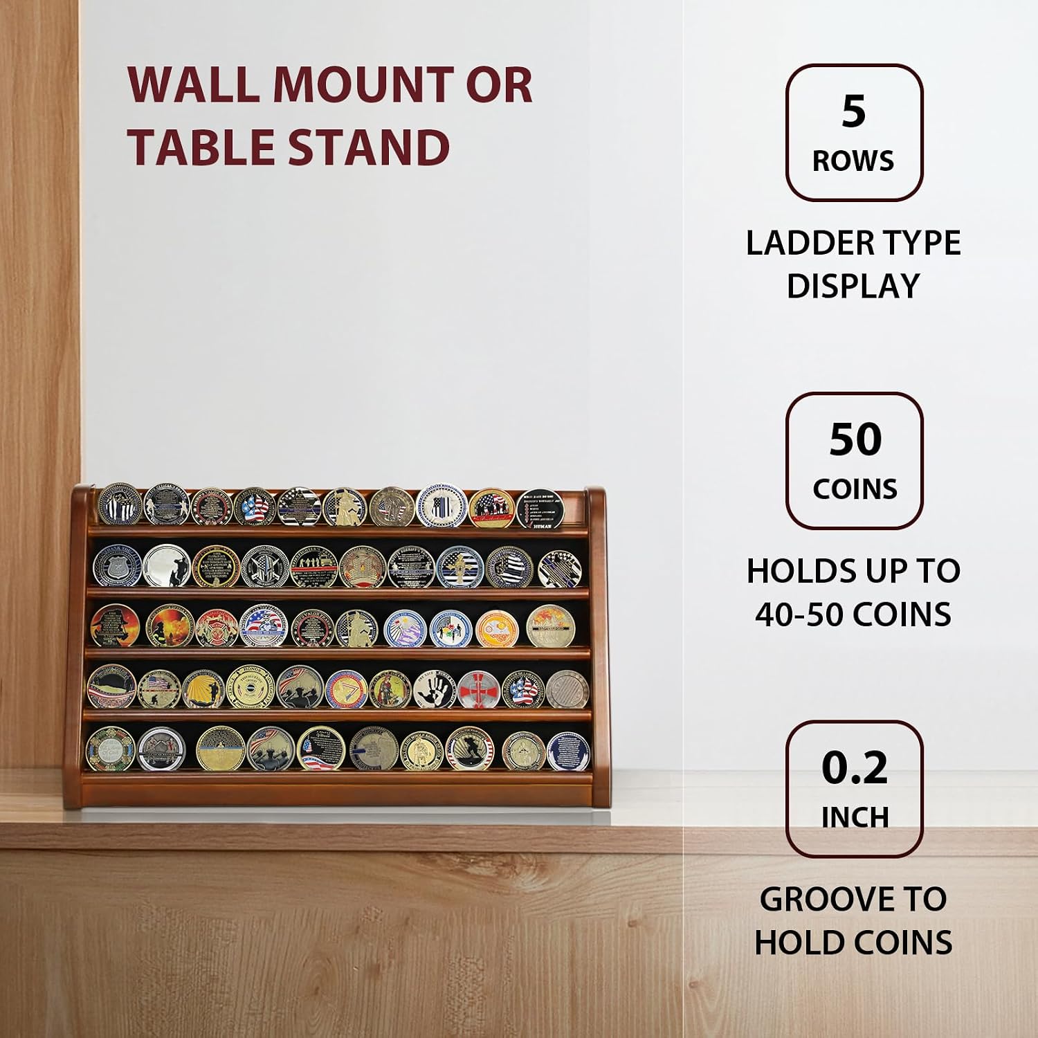 ASmileIndeep 3 Rows Wooden Challenge Coin Wall Display Stand - Military Coin Holder Army Coins Rack, Holds 21-24 Coins, Mahogany