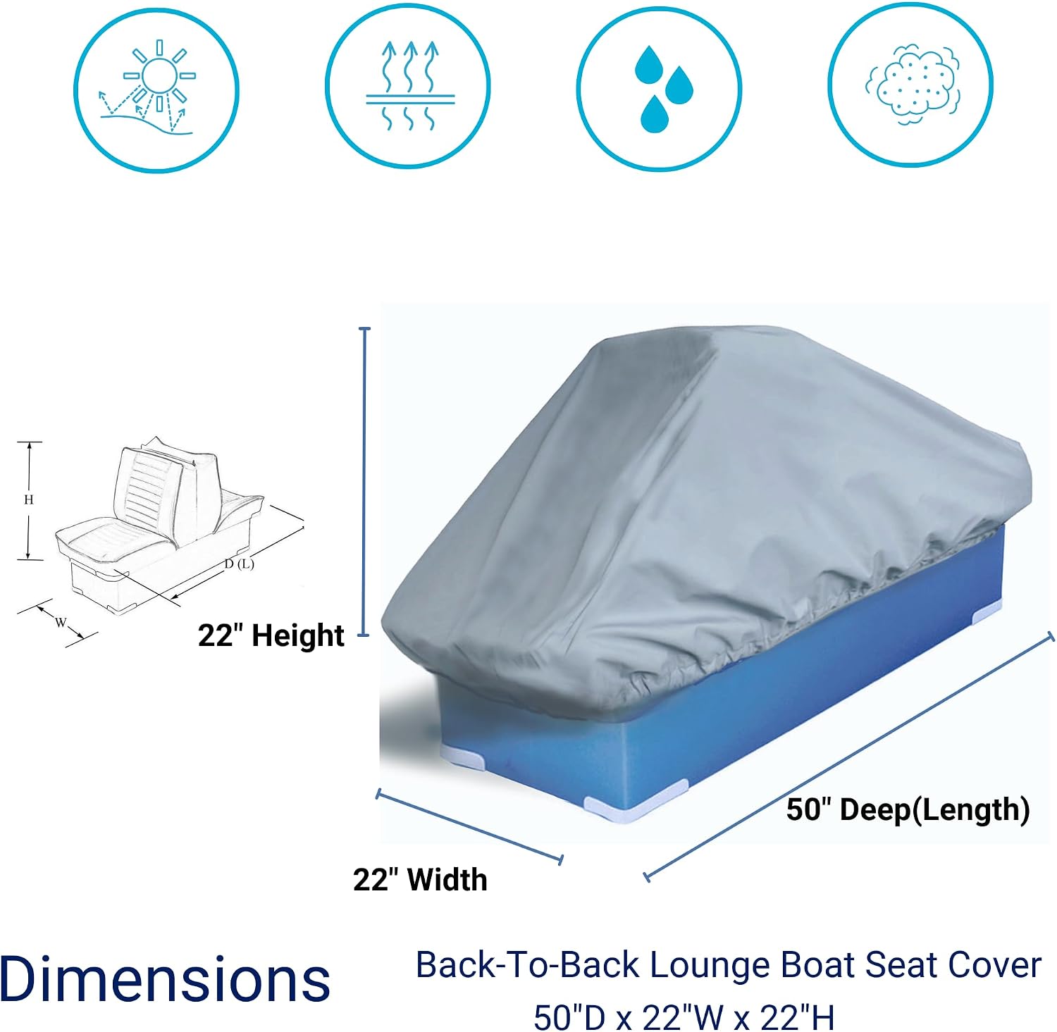 SavvyCraft Waterproof Pontoon Lounge Seat Cover Marine Grade 23"Dx60"Wx30"H