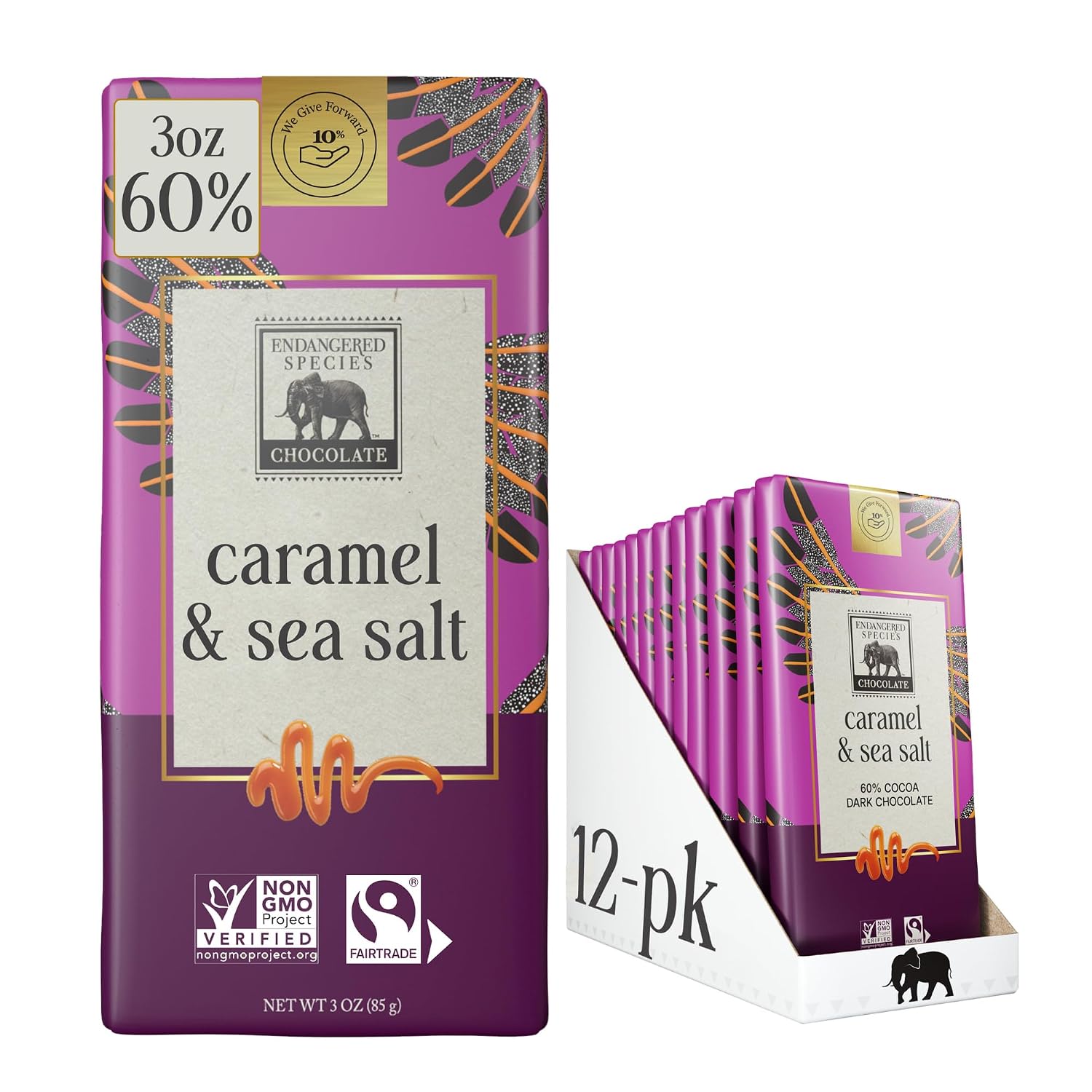 Dark Chocolate with Caramel & Sea Salt (60% cocoa) | Rich 60% dark chocolate with caramel and sea salt for a perfect balance of sweet, salty, and bold cocoa.