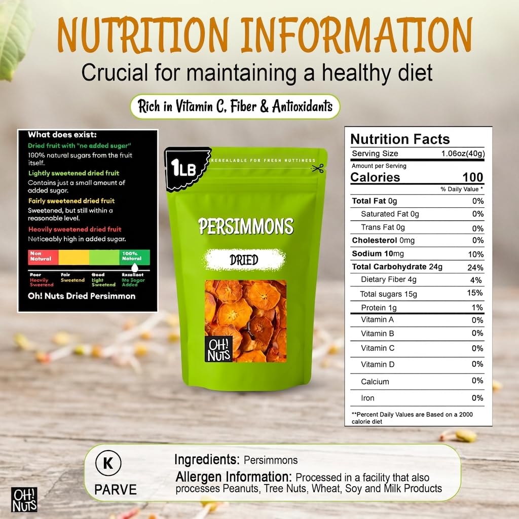 Oh! Nuts Dried Persimmon Slices No Sugar Added Dehydrated Fruit 1lb | Dried persimmons no sugar added - Dehydrated fruit slices - Persimmon fruit
