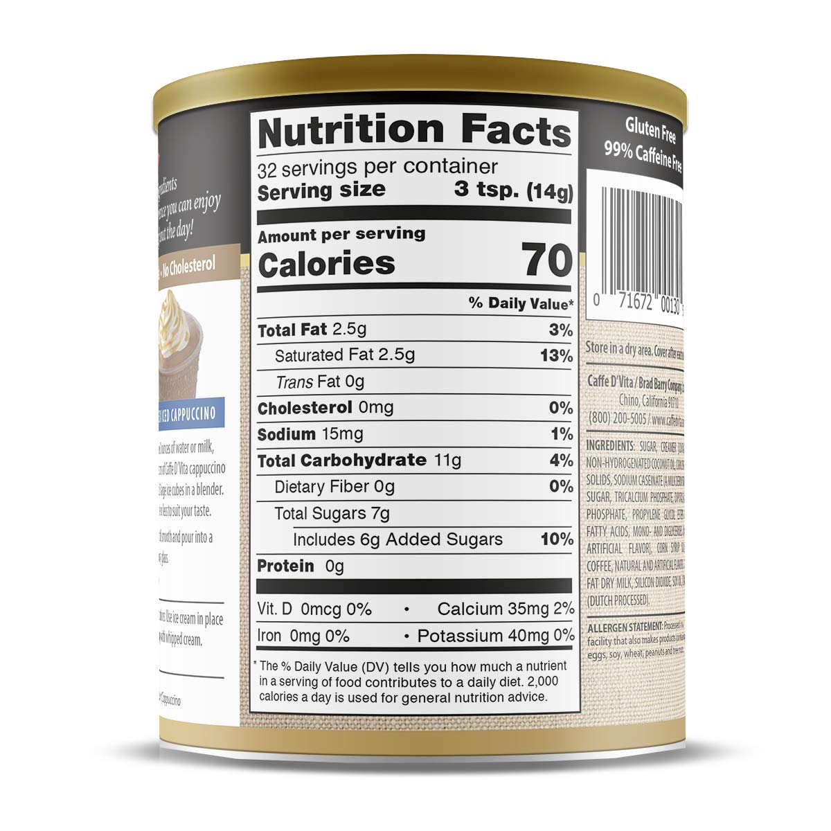 Caffe D'Vita Mocha Cappuccino Mix - 4 lb can (64 oz.) | Instant Cappuccino Mix, Gluten Free, No Cholesterol or Trans Fat, 99% Caffeine Free, Mocha