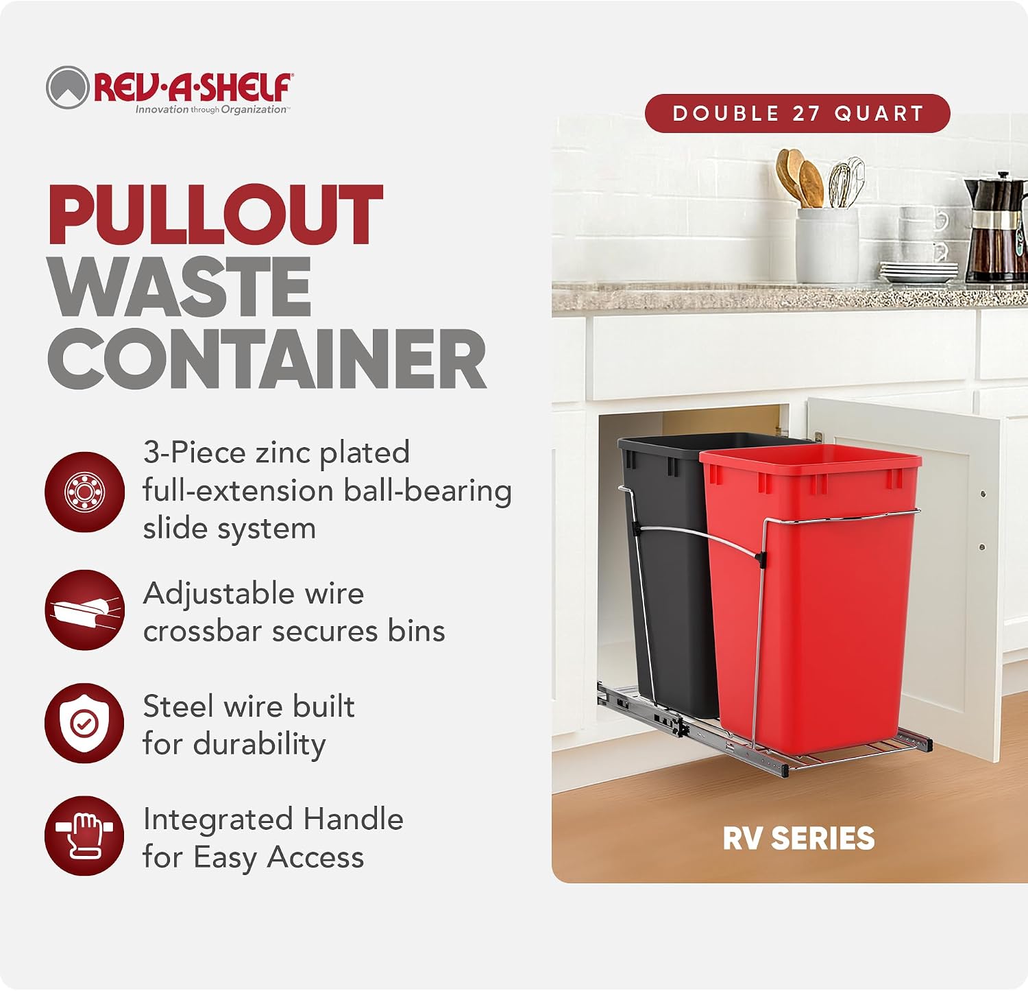 Rev-A-Shelf Double 27 Qt Pullout Trash Can for Base Kitchen Cabinets, Garbage Waste Bin System with Full Extension Slides, Min Opening Width of 11.5", Metallic Silver, RV-15KD-17C S