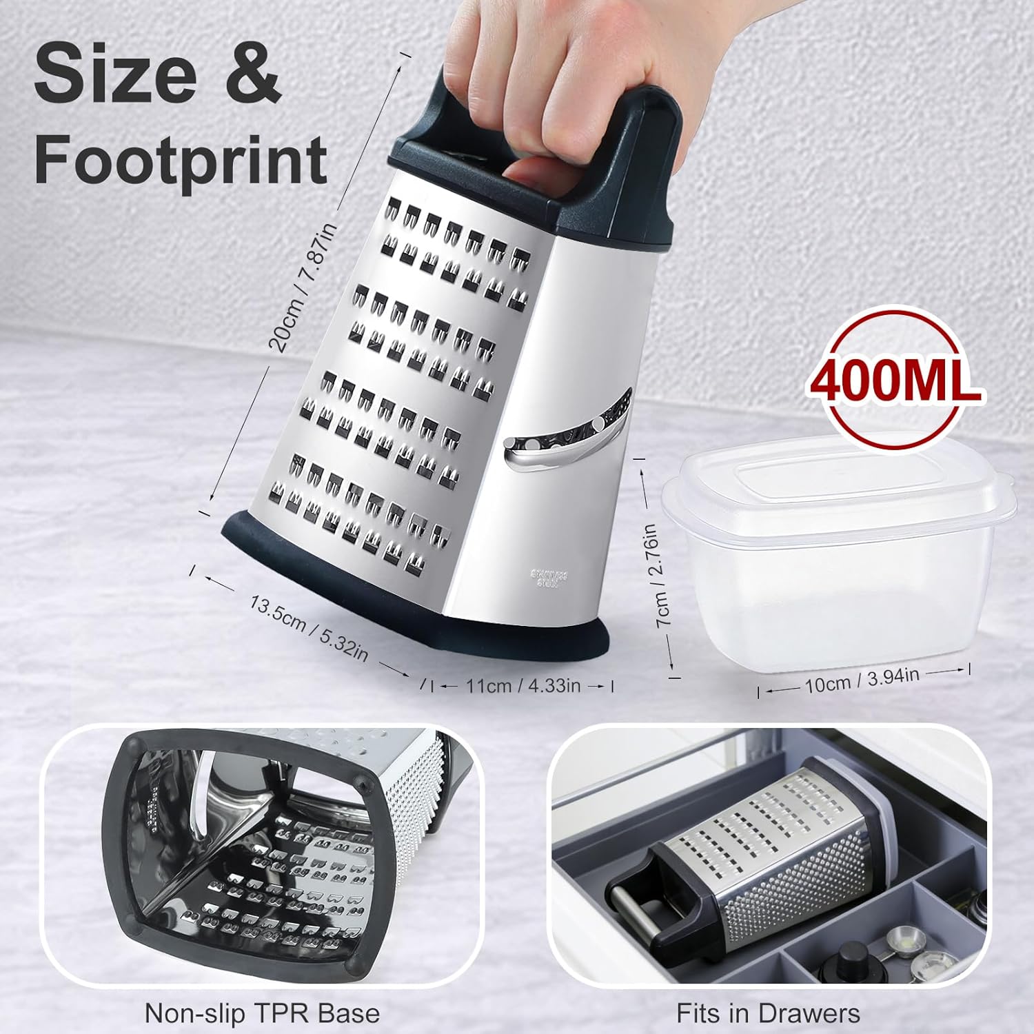 Ourokhome Cheese Grater with Handle, Stainless Steel Box Grater, 4 Side Kitchen Vegetable Shredder Slicer Zester with Container for Parmesan, Cabbage