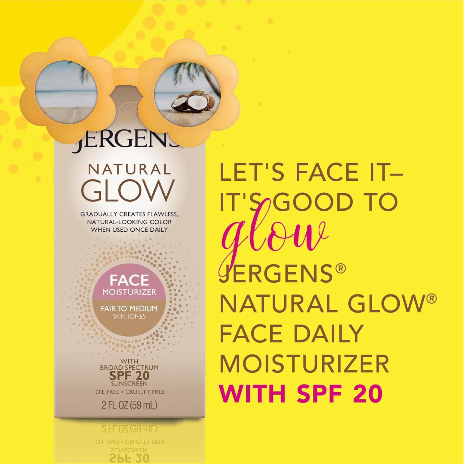 Jergens Natural Glow Face Self Tanner Lotion SPF 20, Fair To Medium, 2 oz | Sunless Tanning, Daily Facial Sunscreen, Oil Free Formula