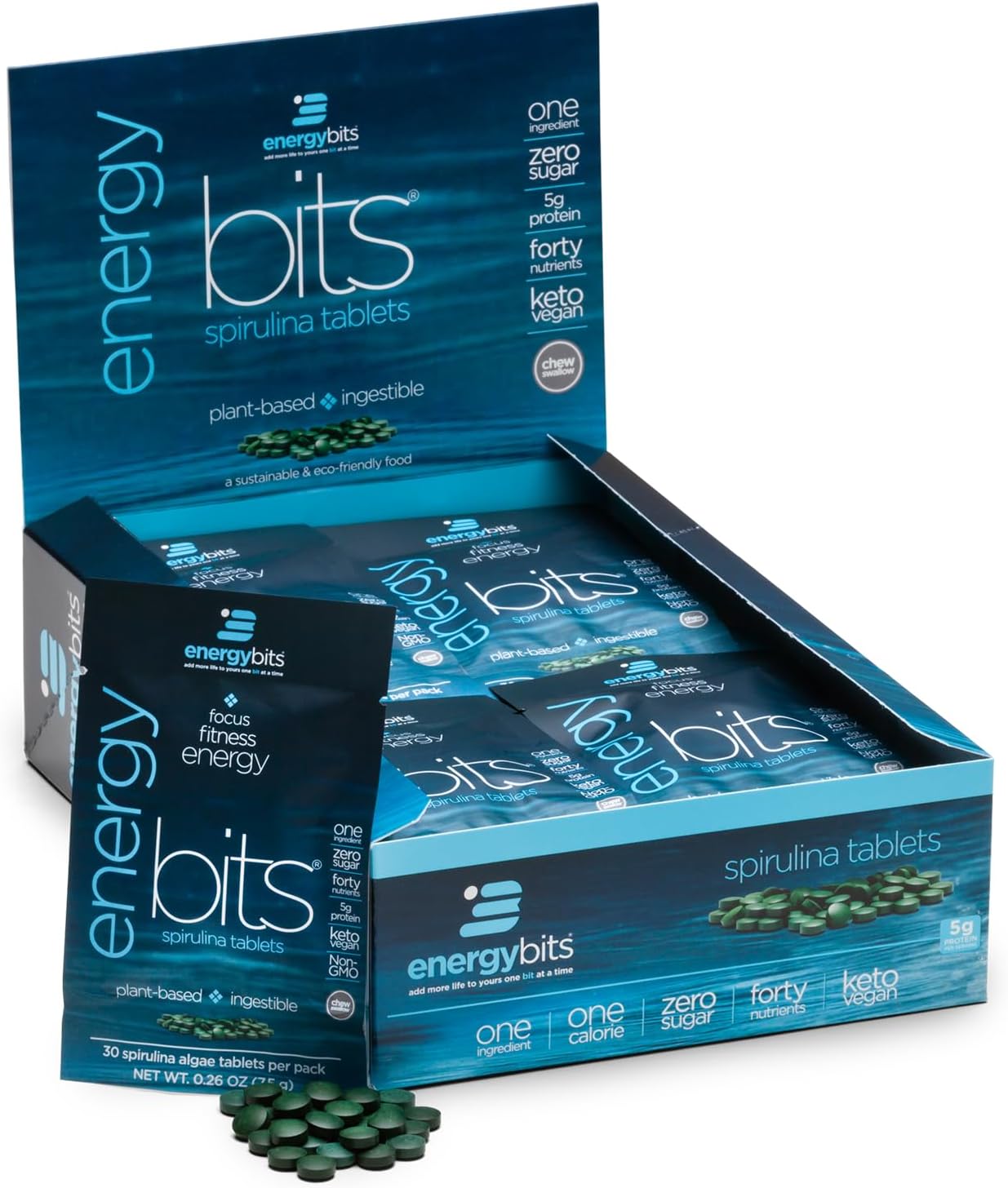 ENERGYBITS Organic Spirulina Tablets (1000 Algae Tablets) Natural Superfood for Energy, Fitness & Focus - 5g Protein, 1 Calorie, Sugar Free - Omega 3 - Spirulina Capsules - Gluten Free, Keto & Vegan