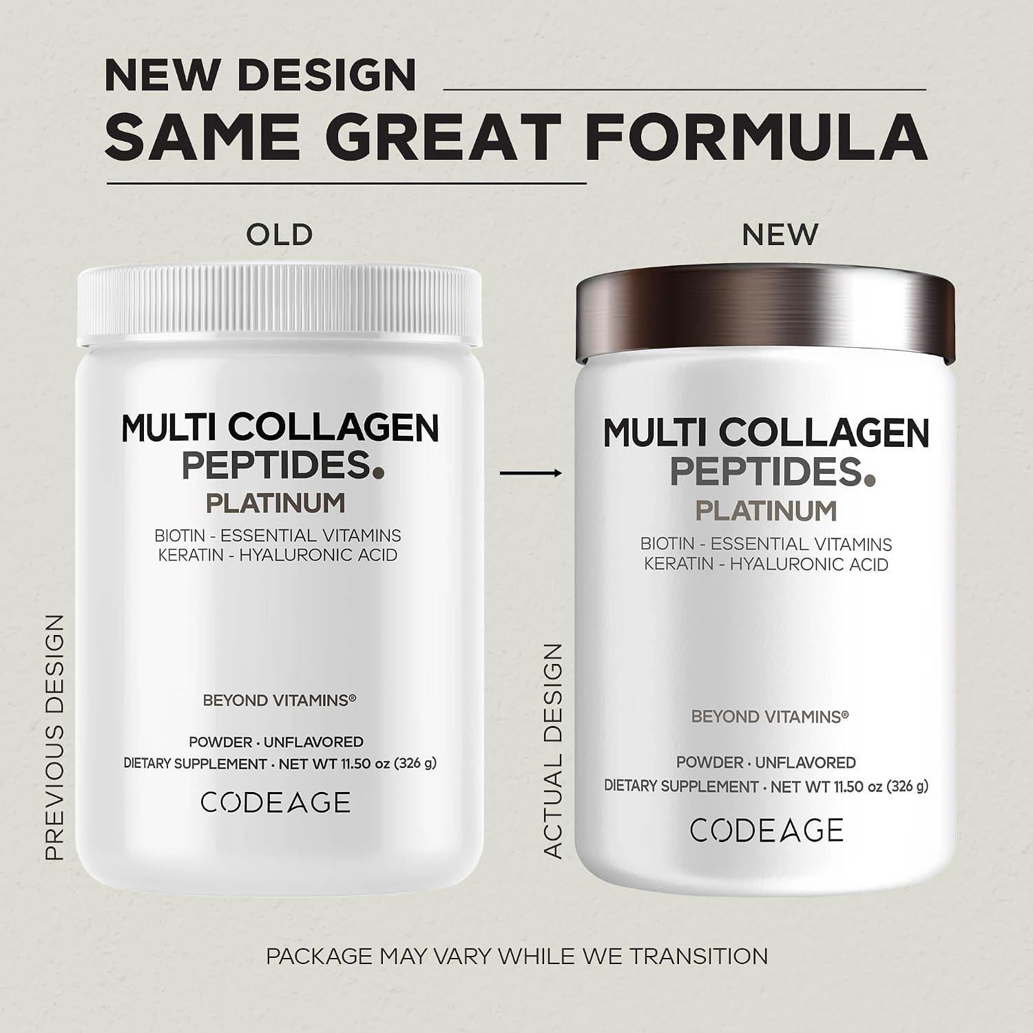 Codeage Multi Collagen Powder, Biotin 10000mcg, Keratin, Unflavored, 11 oz