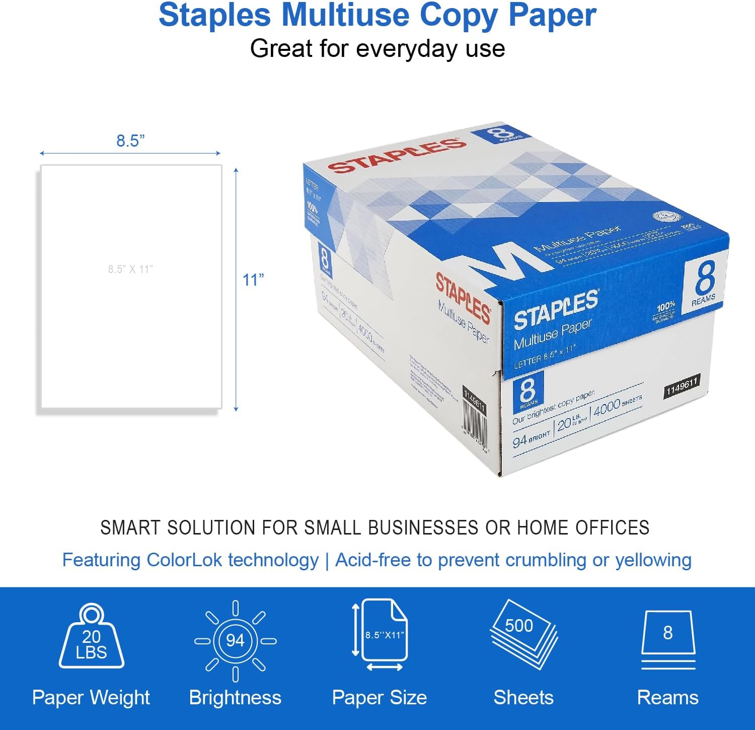 Staples Multipurpose Copy Paper, 8.5x11, 20lb, 94 Bright, 10 Reams/Carton | 5,000 white sheets total. Smooth finish reduces jams in copiers, laser & inkjet printers.