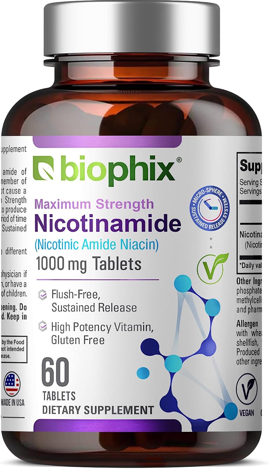 biophix B-3 Nicotinamide 1000 mg 60 Tablets Extra Strength Timed Release - Nicotinic Amide Niacin Natural Flush-Free Vitamin Formula - Supports Skin