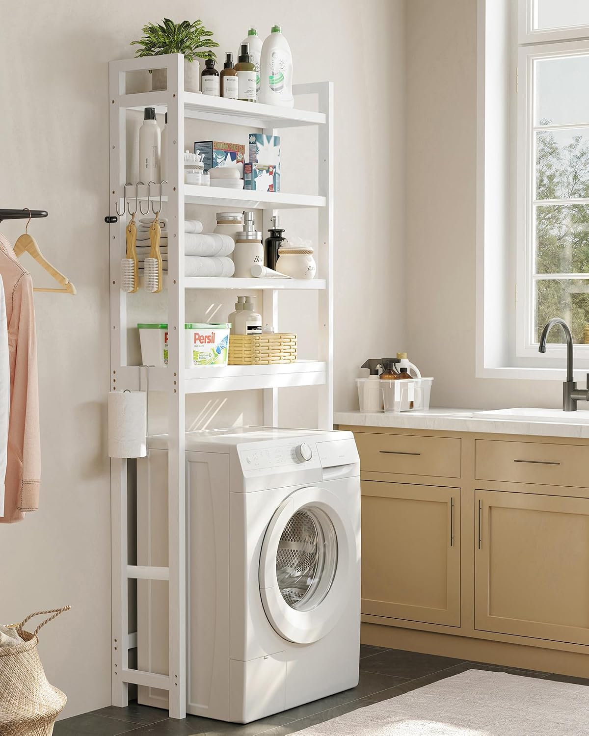 SONGMICS Over The Toilet Storage, 3-Tier Over Toilet Bathroom Organizer with Adjustable Shelf, 10.2 x 24.8 x 66.9 Inches, Space-Saving, Cloud White UBTS01WT