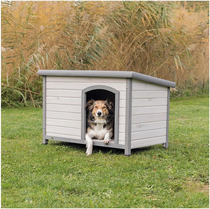 Trixie Natura Classic Dog House - Wooden Outdoor Shelter with Weatherproof Sealer, Hinged Roof & Adjustable Legs for Medium Dogs - Gray - 27 x 41 x 28.5 in