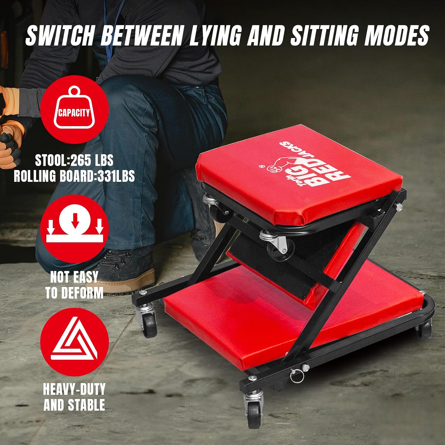 BIG RED TRP6240 Torin Blow Molded Plastic Rolling Garage/Shop Creeper: 40" Mechanic Cart with Padded Headrest, Dual Tool Trays and 6 Casters, Red