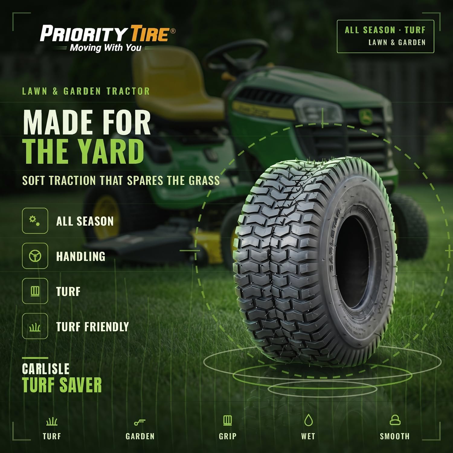 Carlisle Turf Saver Lawn & Garden Tire - 23X9.50-12 | Lawn Mower & Garden Tractor All Season Traction 77A3 Rated 2 Ply Bias Construction Black Sidewall Tire