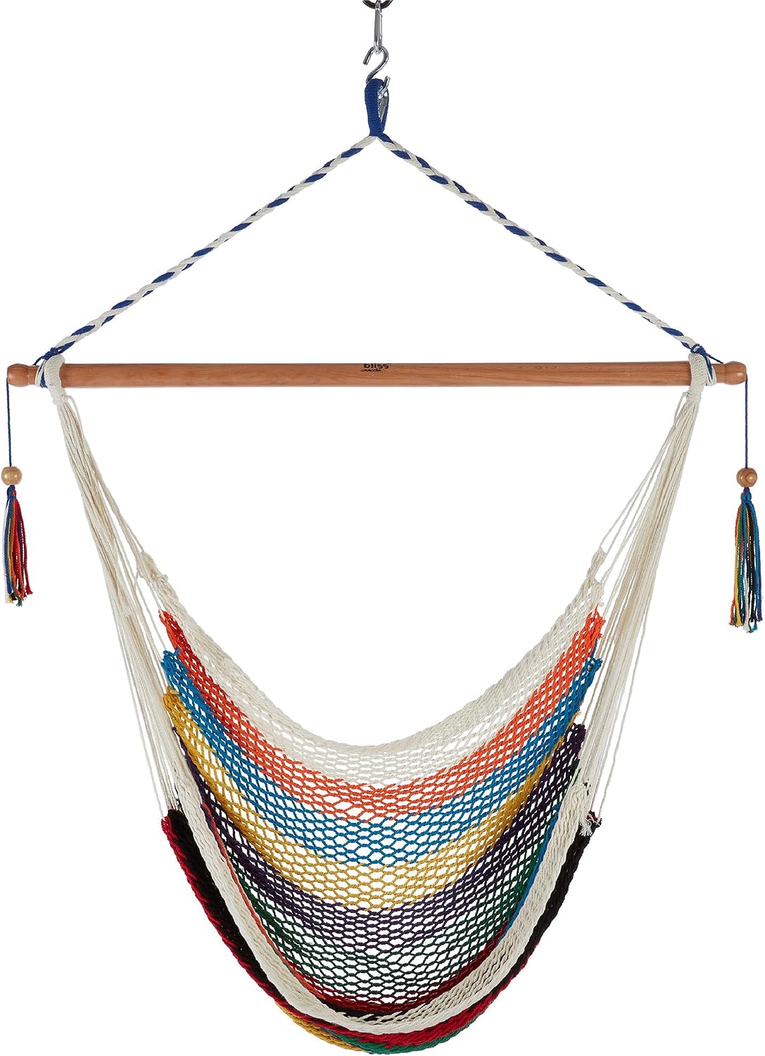 Bliss Hammocks BHC-412NT Island Rope Hammock Chair, Eco Friendly & Hand Woven, Varnish Coated 40 Inch Wood Spreader, Easy to Hang w/Included Hanging Kit, Supports up to 265 pounds, Natural Rope