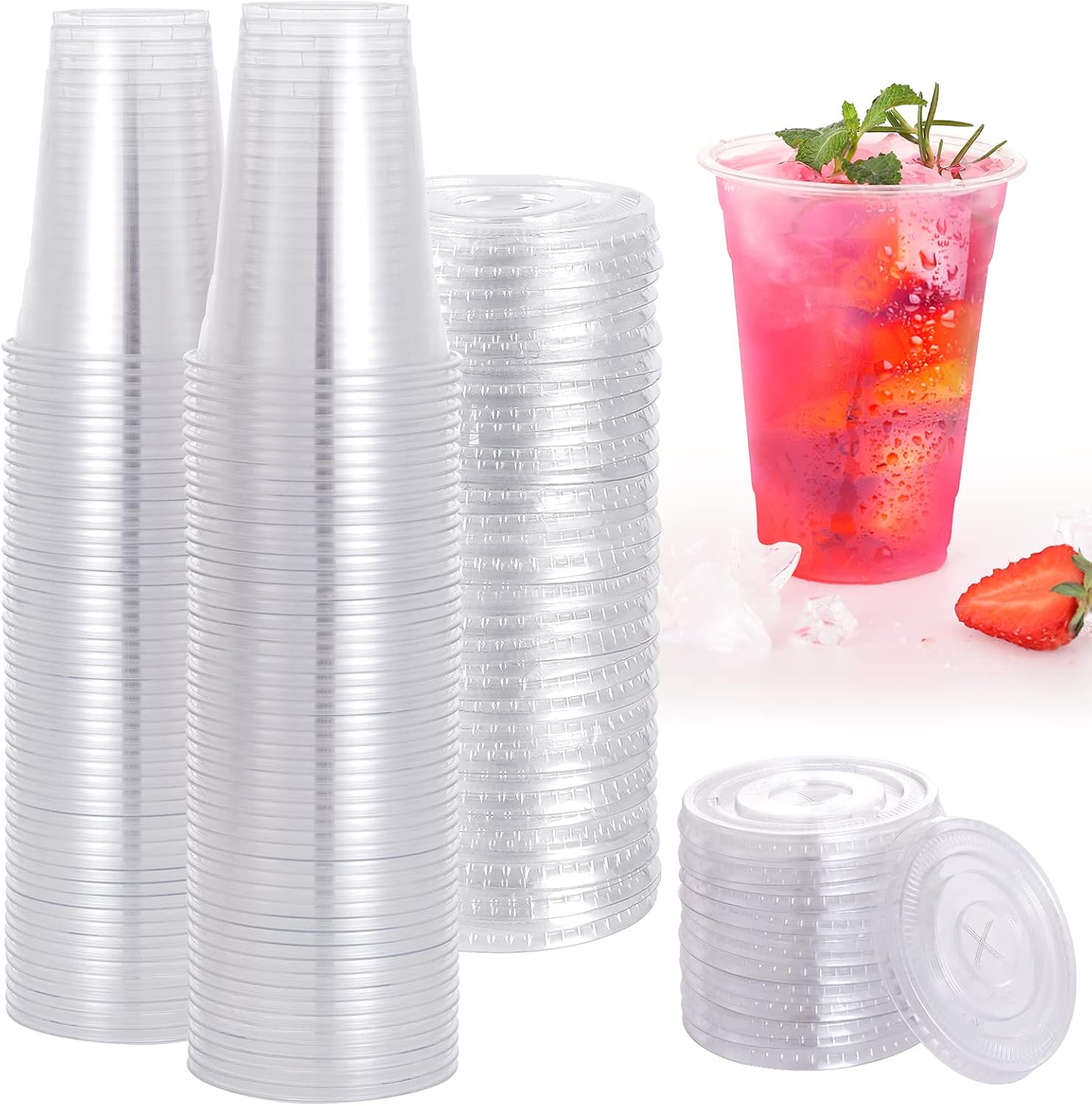 TashiBox Plastic Cups with Flat Lids 100 Sets 16 oz, Clear Crystal drink cups with lids