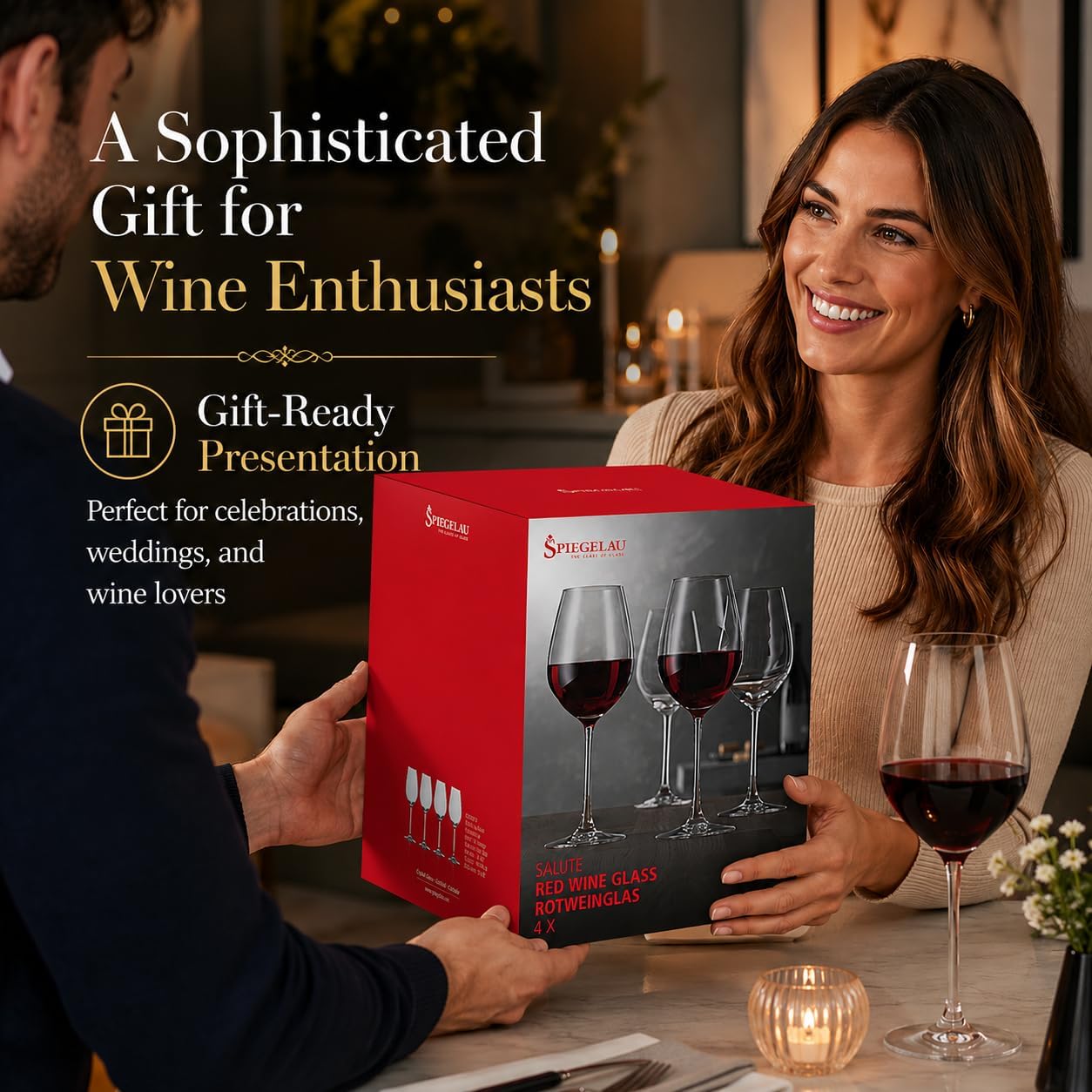 Spiegelau Salute Stemmed Red Wine Glasses, Lead-Free Crystal Wine Glasses for Pinot Noir, Cabernet, Wedding, Anniversary, Housewarming, Birthday Gifts, Elegant Glassware, Home Bar, 19.4 oz, Set of 4