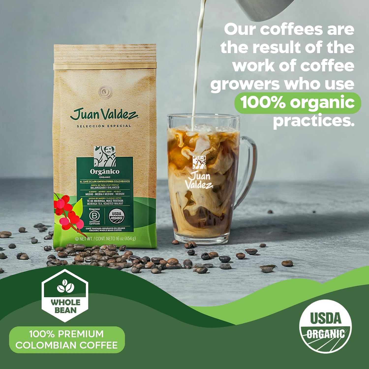 Juan Valdez Organic Whole Bean Coffee - Balanced Roast | 100% Colombian Arabica Beans | 100% Colombian Coffee - Balanced Profile with Moringa &