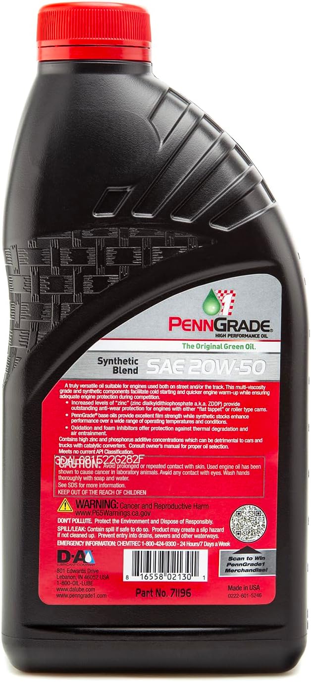 PENN GRADE 1, Synthetic Blend High Performance Oil SAE 20W-50,1 Quart (Twelve Pack)