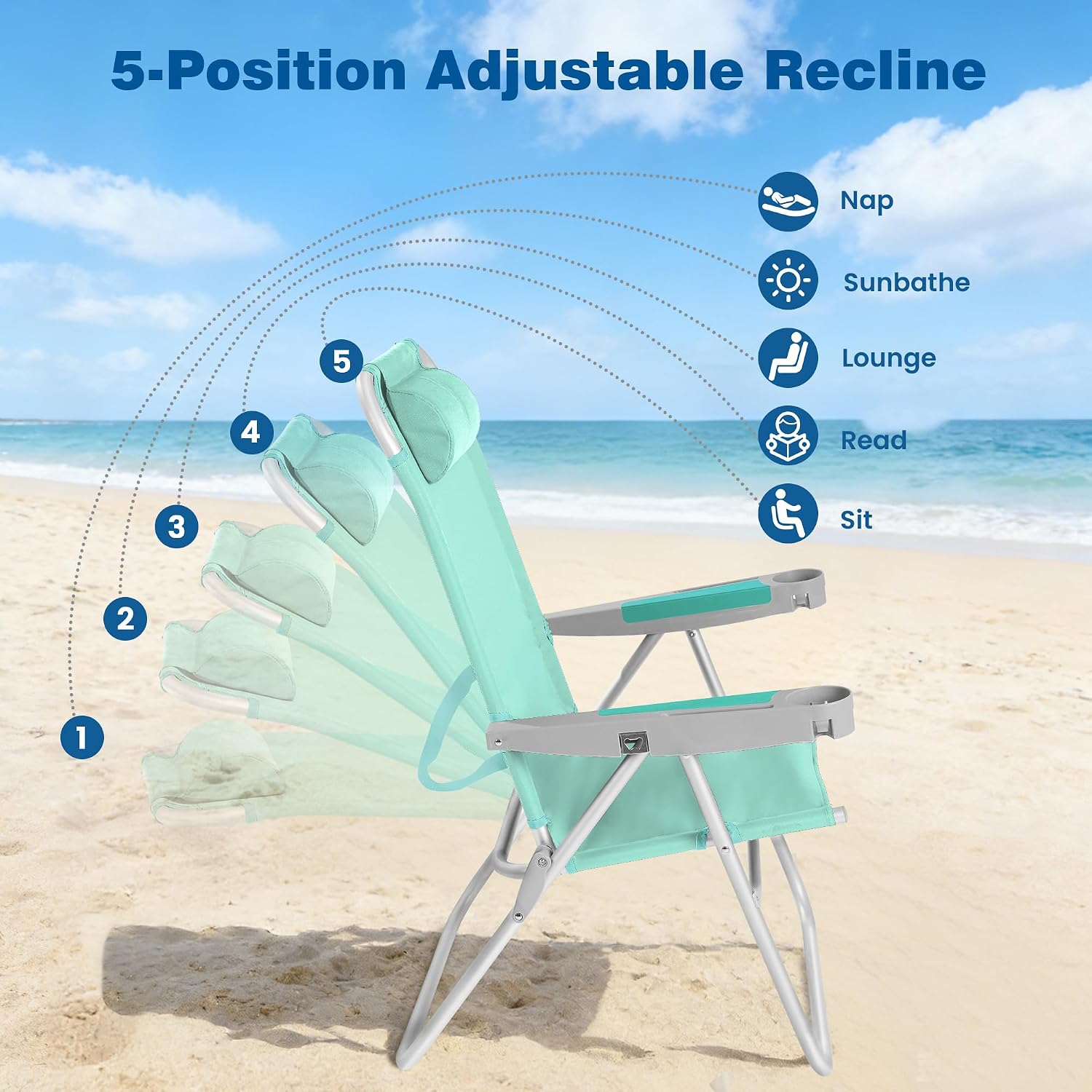 SUNNYFEEL Oversized Tall Folding Beach Chair Lightweight, 17" Portable Sand Chair for Adults Heavy Duty 500 LBS with Cup Holders
