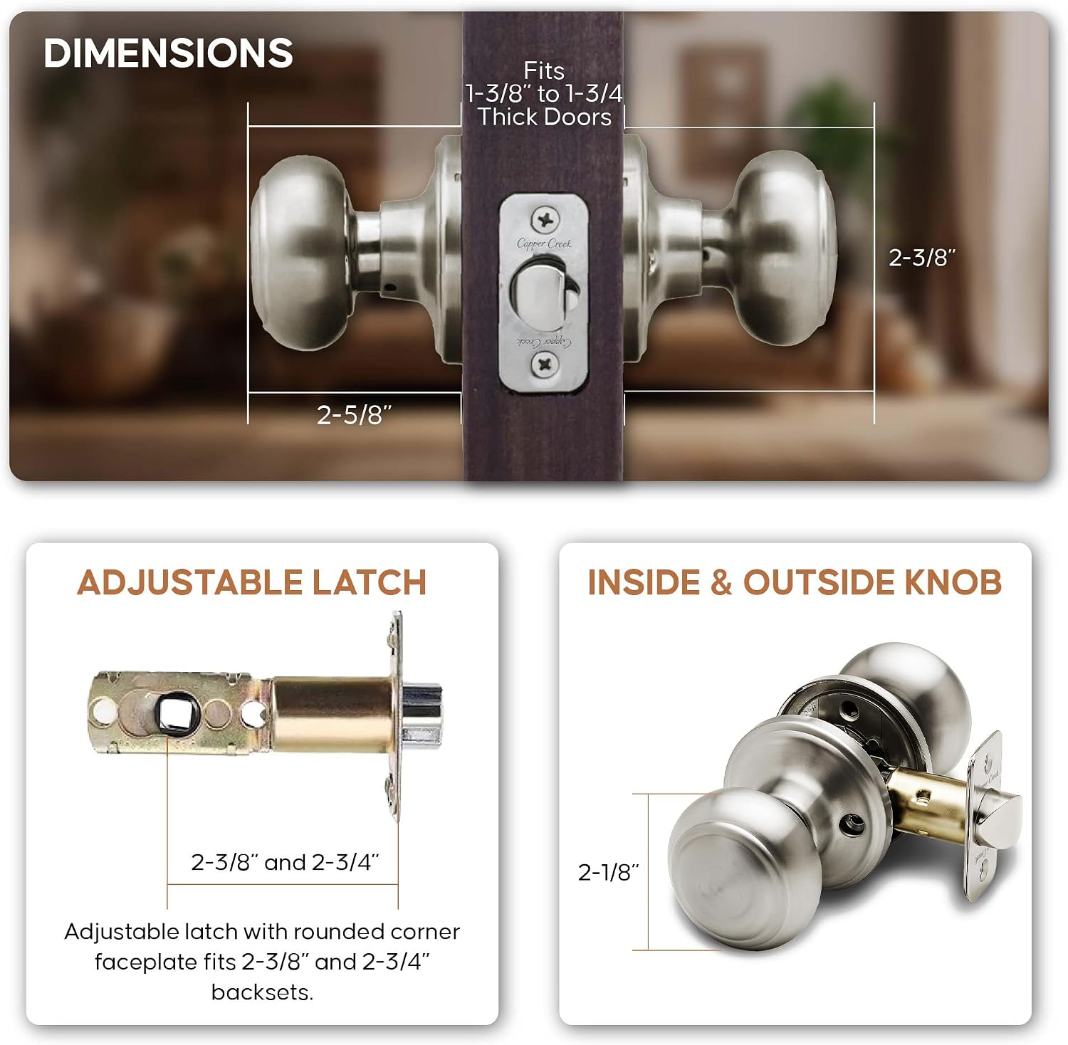 Copper Creek Colonial Privacy Interior Door Knob – ANSI Grade-3 Certified, Modern Heavy Duty Handle, Easy Install and Reversible for Bedroom, Bathroom and Closets – Satin Stainless (1 Pack)