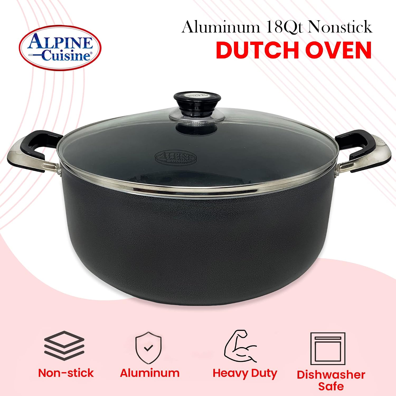 Alpine Cuisine 4 Quart Non-stick Stock Pot with Tempered Glass Lid and Carrying Handles, Multi-Purpose Cookware Aluminum Dutch Oven for Braising, Boiling, Stewing