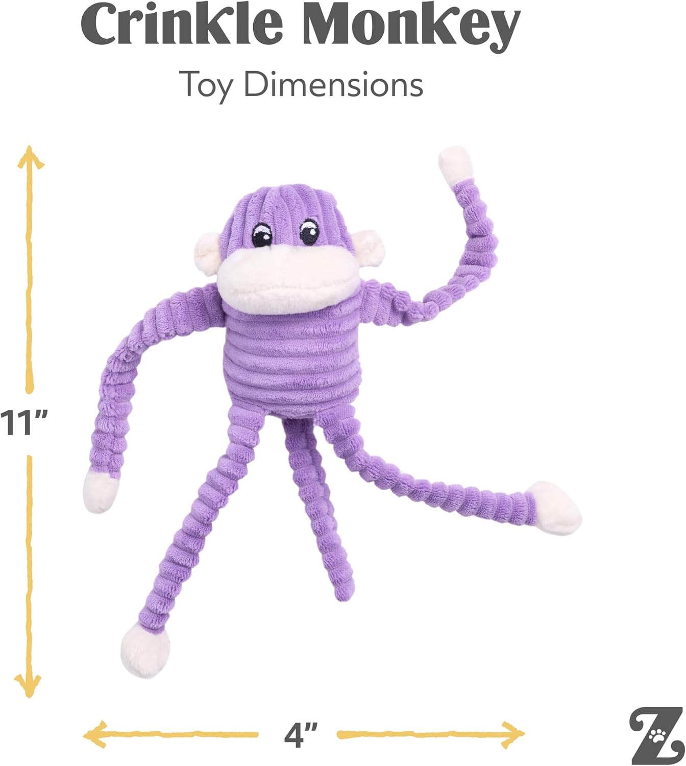ZippyPaws Crinkle Monkey for Small and Medium Dogs - Small, Purple | Interactive Dog Toys to Keep Them Busy, Squeaky Plush Pet Toy for All Breeds