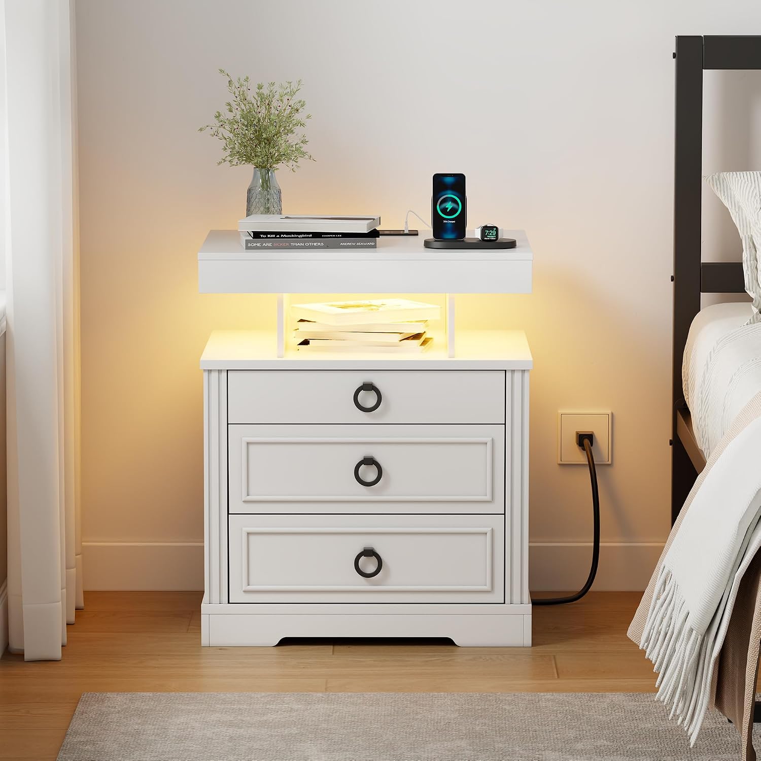 Smart LED Nightstand with Lockable Gun Drawer & Glass Top（Black） | Modern Bedside Table with Charging Station and Hidden Storage, LED Night Stand with 4 Drawers & Motion Sensor for Bedroom