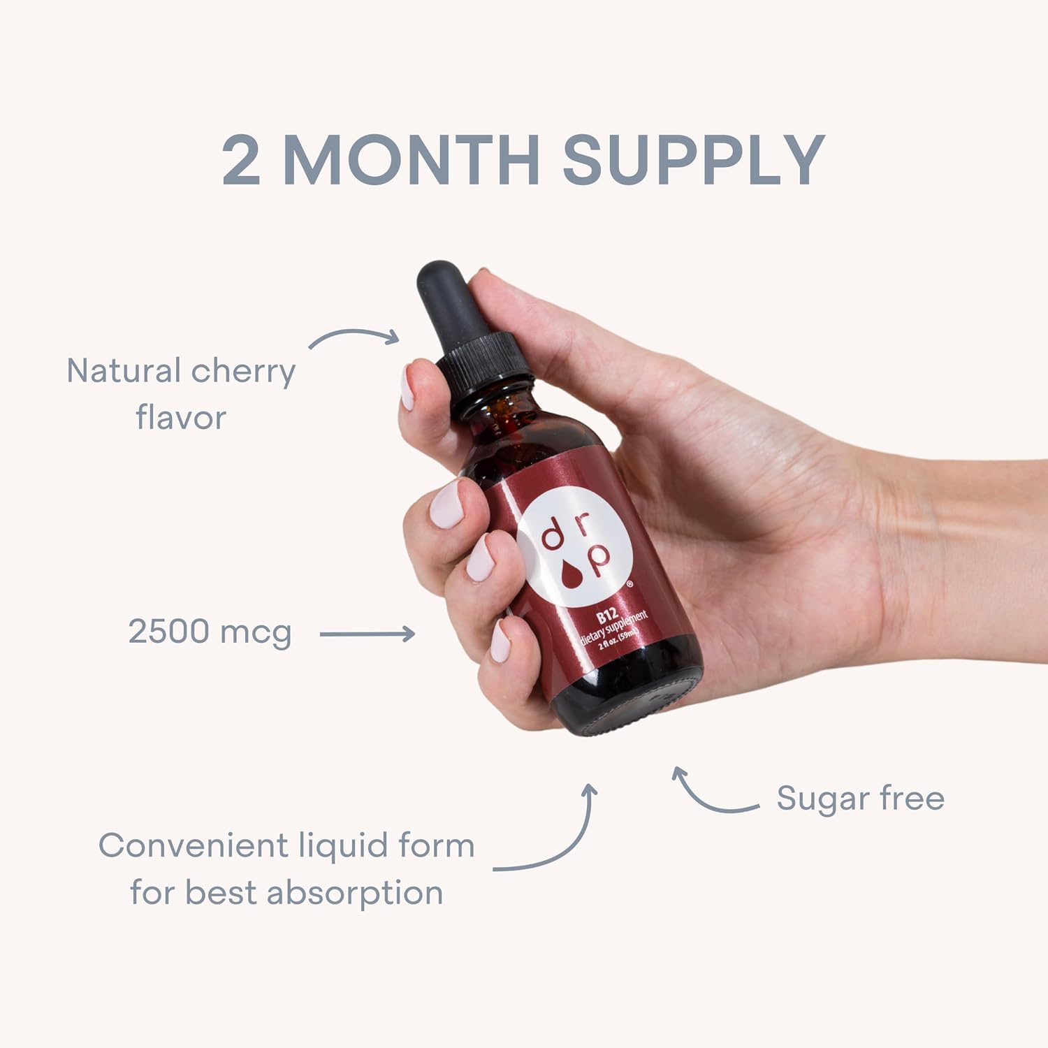 Drop Vitamin B12 Liquid Drops, 2500 mcg Methylated B12 (Methylcobalamin), Sublingual Drops for Energy and Nervous System Support, Natural Cherry