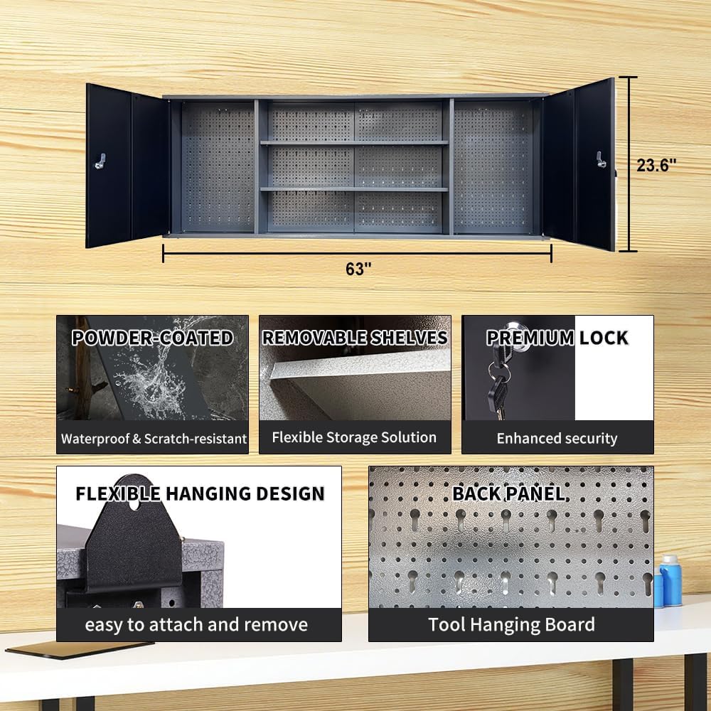 Storage Workbench System Set with Lockable Cabinet, Includes Metal Wall Cabinets Pegboards & Hooks, Wood Worktop for Garage Office Repair Shop