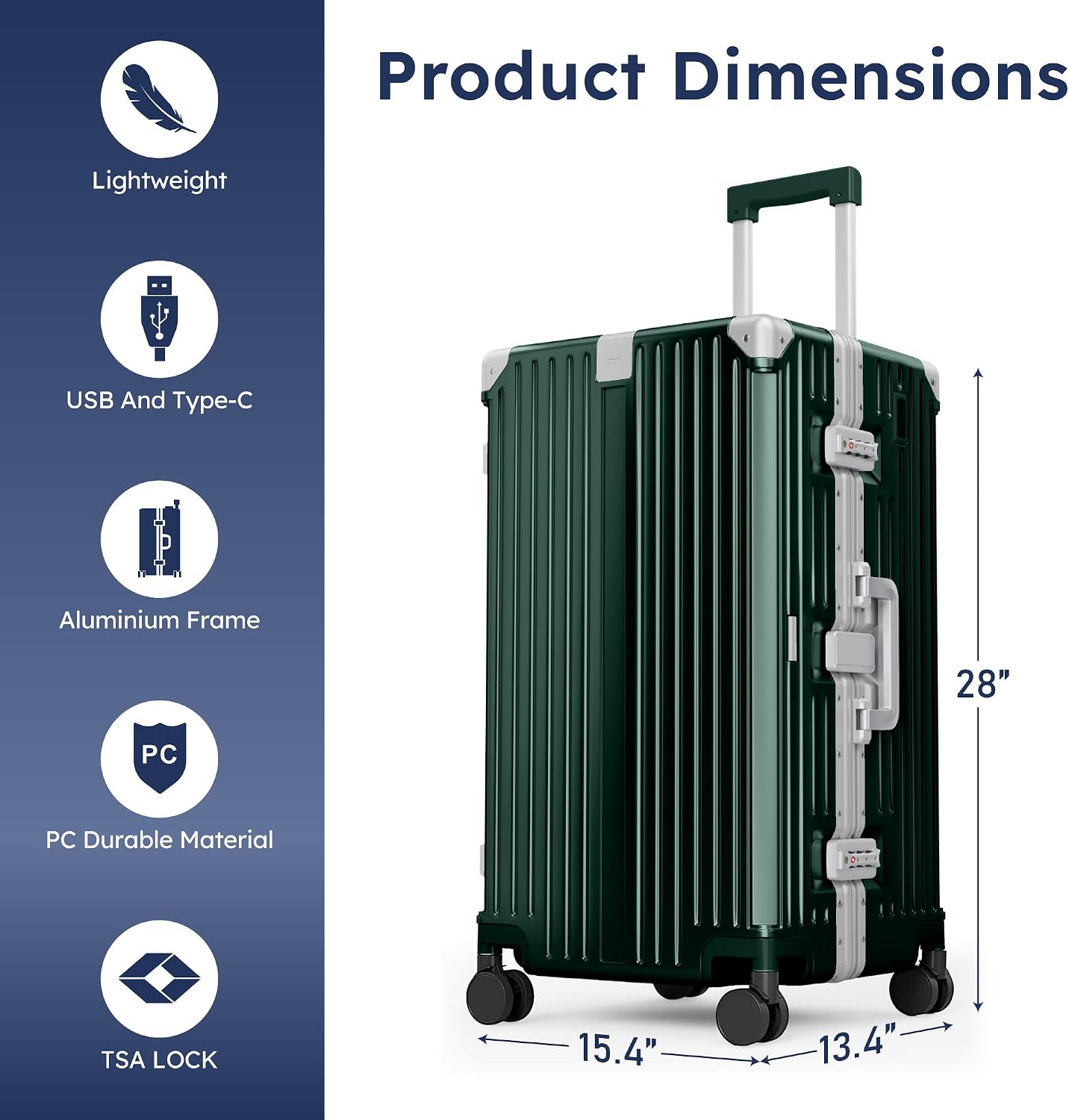 ALPHA CAMP Trunk Luggage 28 Inch with Aluminum Frame Zipperless Suitcase | Large Checked Thickened 3-Layer PC Hardside Luggage with TSA Lock,Charging Port,Cup Holder and Spinner Wheels for Travel